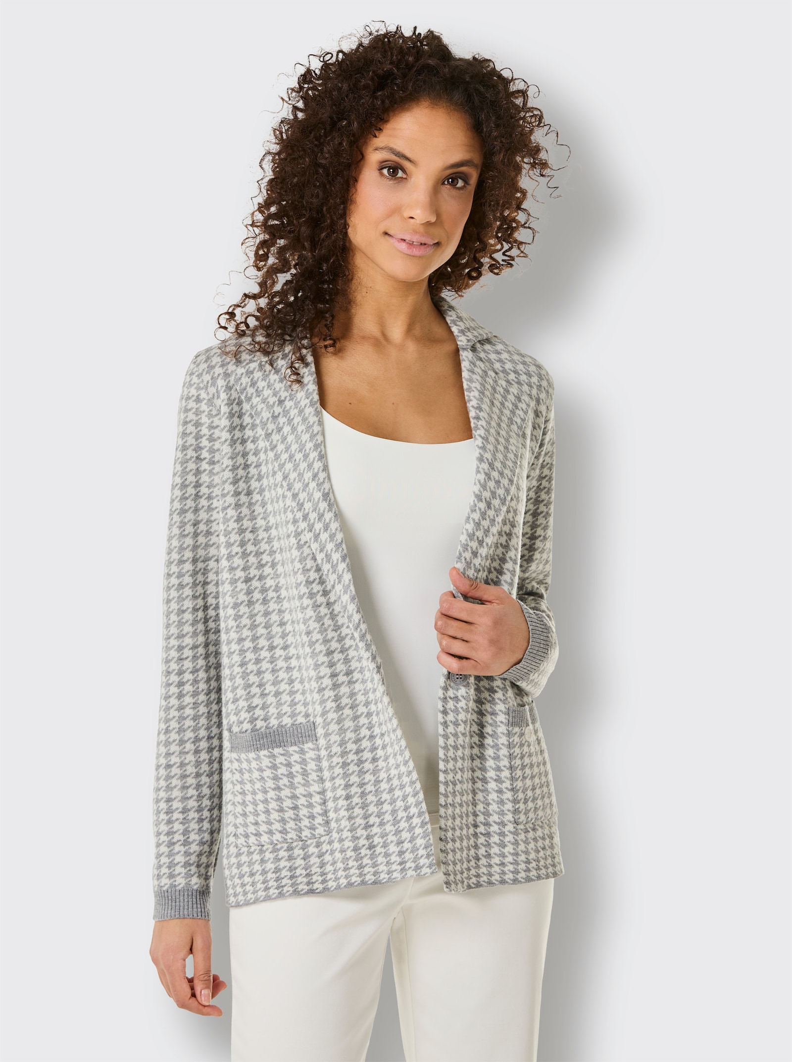 CREATION L PREMIUM Strickjacke mit 1-Knopf-Verschluss - steingrau-champagner-gemustert