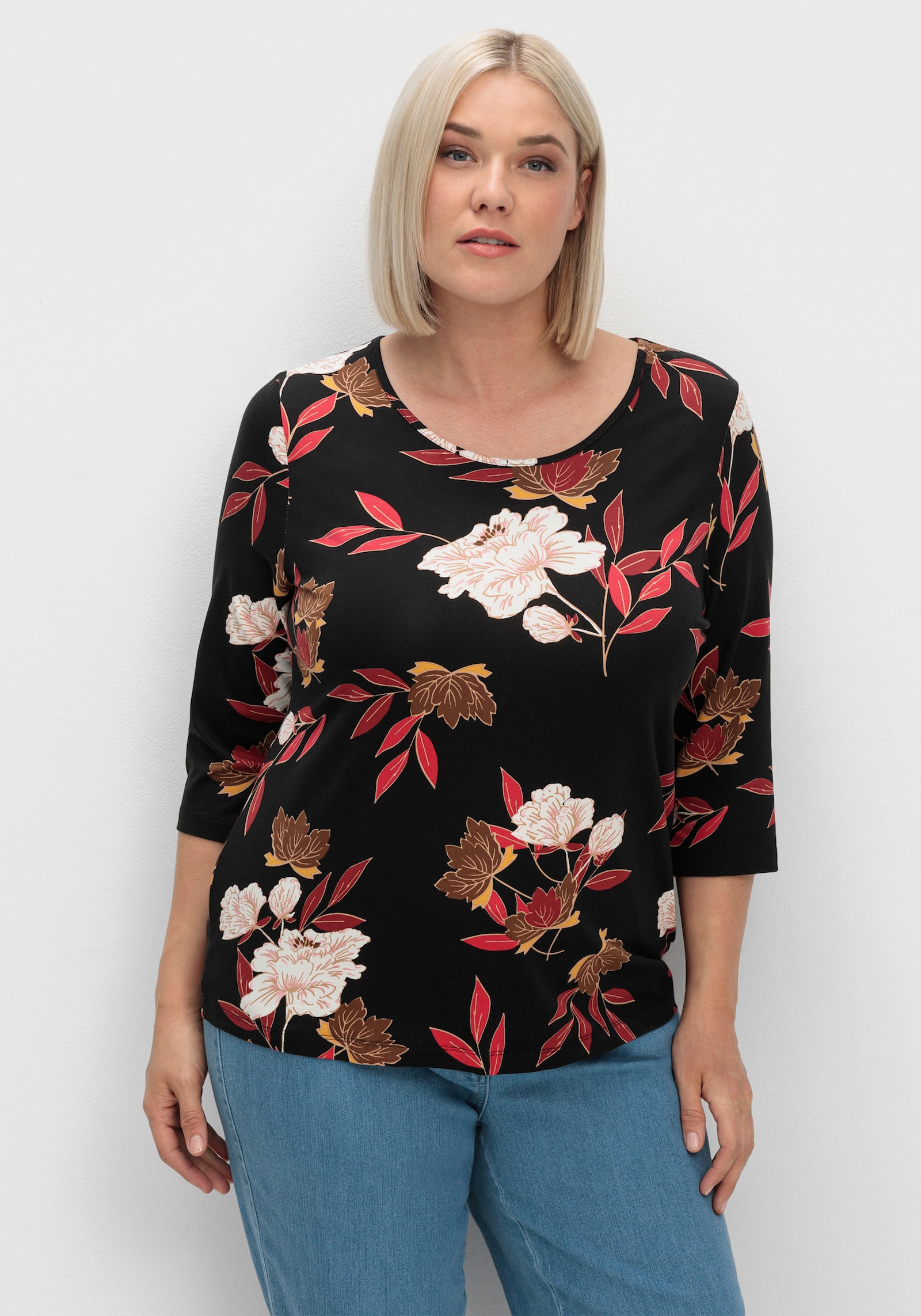 Print-Shirt mit floralem Muster - dunkelrot-ocker-bedruckt