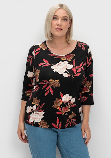 Print-Shirt mit floralem Muster - dunkelrot-ocker-bedruckt