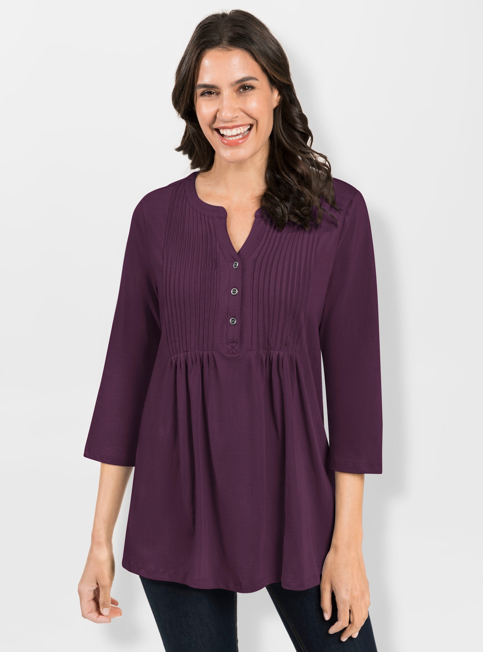 Shirt met 3/4-mouwen en doorgestikte biezen - aubergine