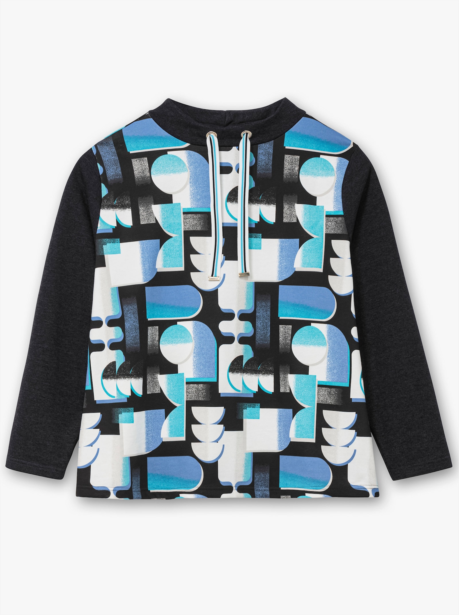 Sweatshirt mit Stehkragen und Tunnelzug - türkis-schwarz-bedruckt