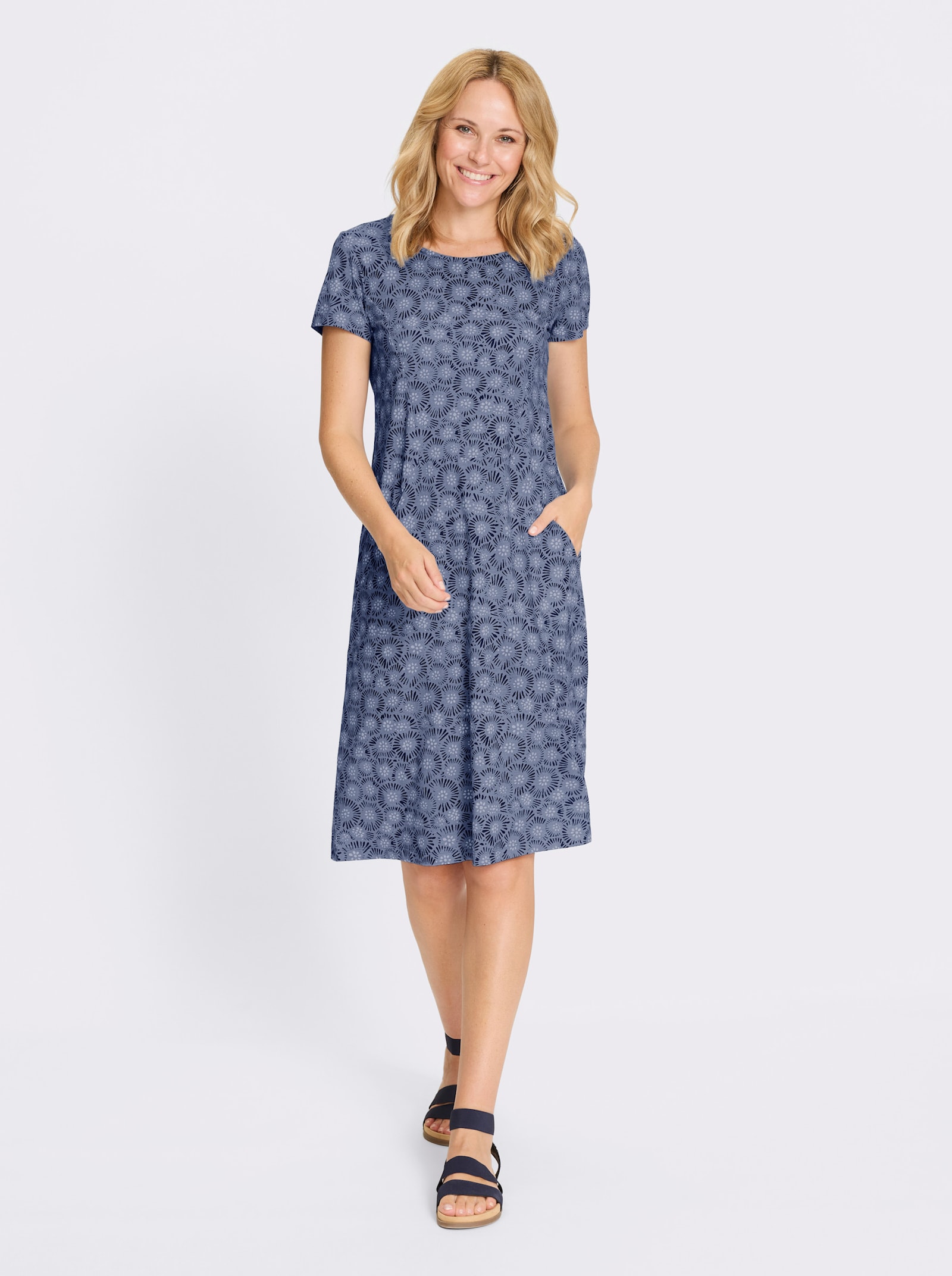 Jerseykleid aus reiner Baumwolle - taubenblau-marine-bedruckt
