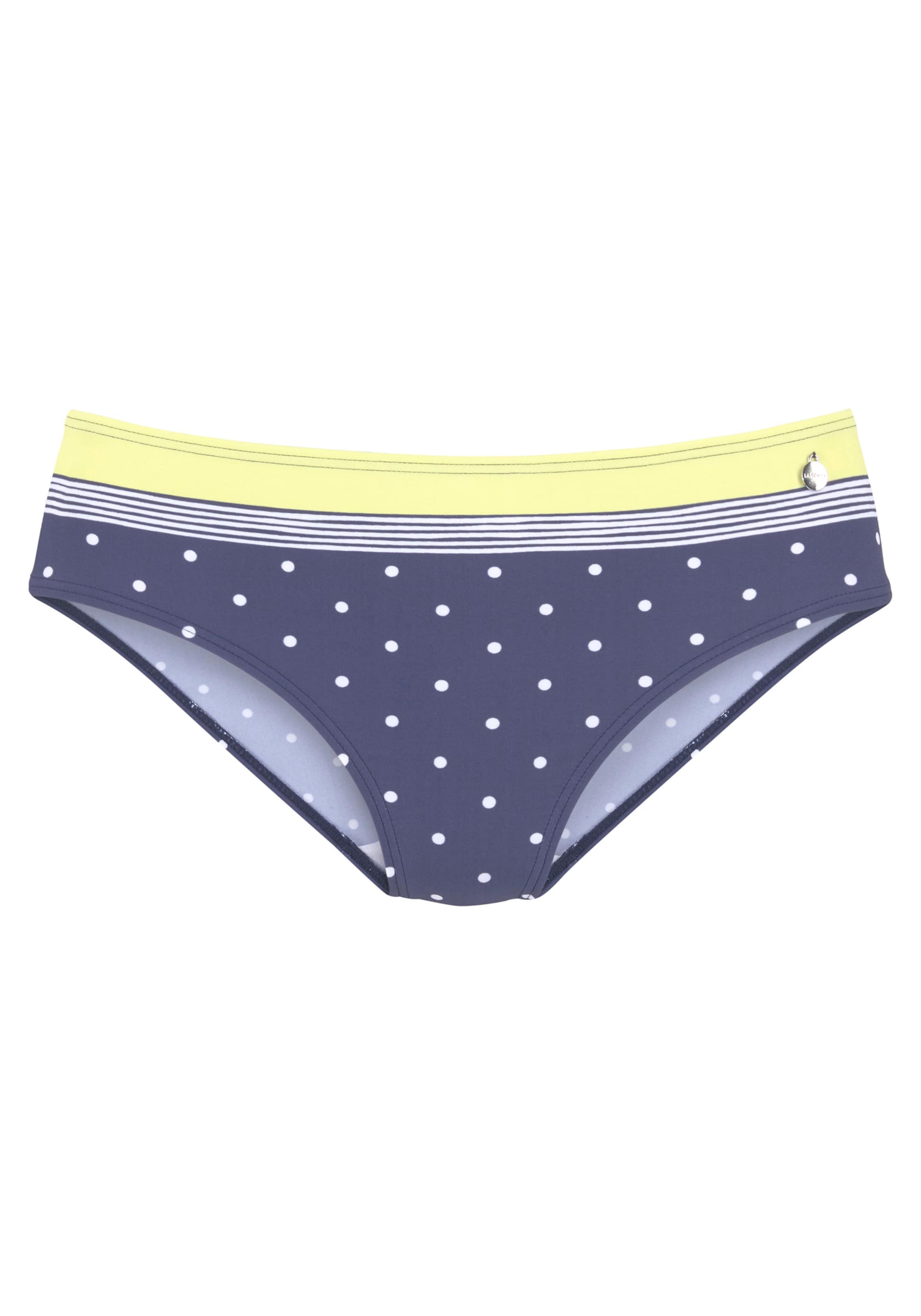 Gel Slip günstig Kaufen-Bikini-Hose in blau-gelb-bedruckt von LASCANA. Bikini-Hose in blau-gelb-bedruckt von LASCANA <![CDATA[Bikinislip von Lascana im fröhlichen Streifen-Punkte-Druck. Höher geschnitten. Kleines Emblem. Mix-Kini-Prinzip. Trageangenehme, sehr elastische Qualit