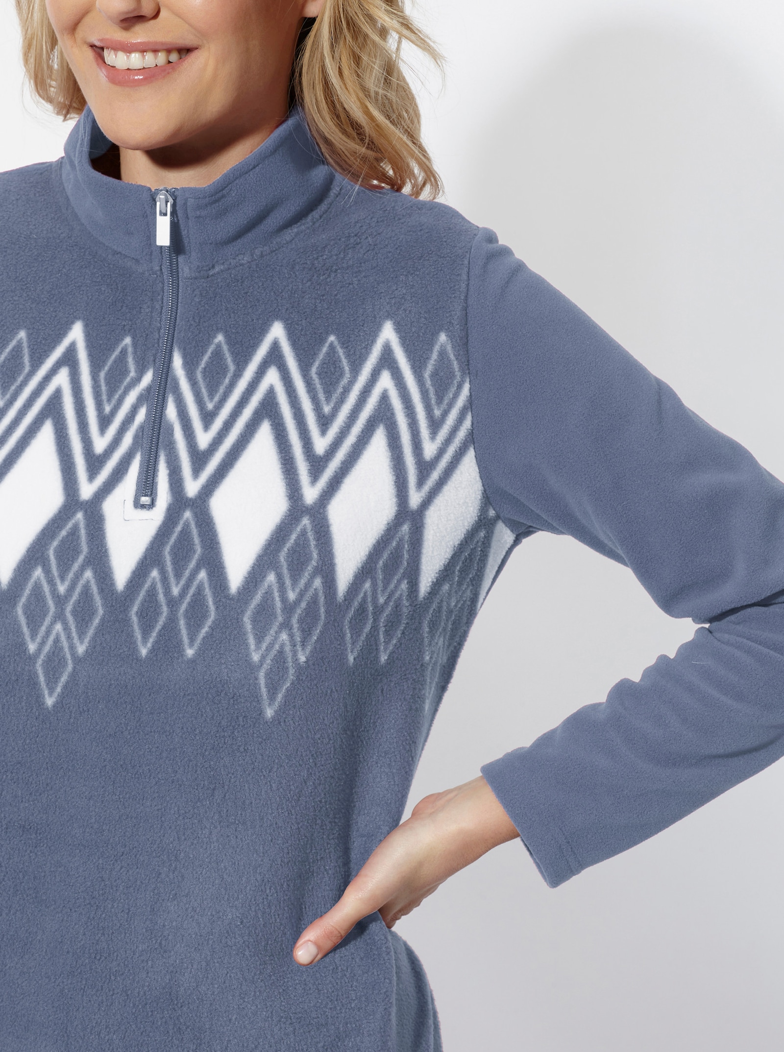 Fleeceshirt mit Norwegermuster - taubenblau-ecru