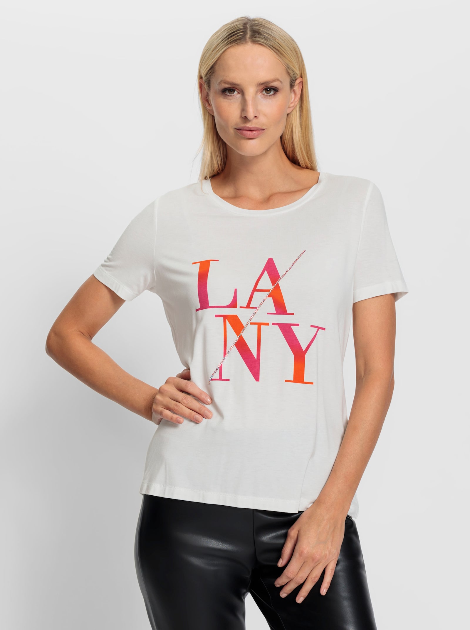 heine Rundhalsshirt Schriftzug mit Ziersteinchen - weiß