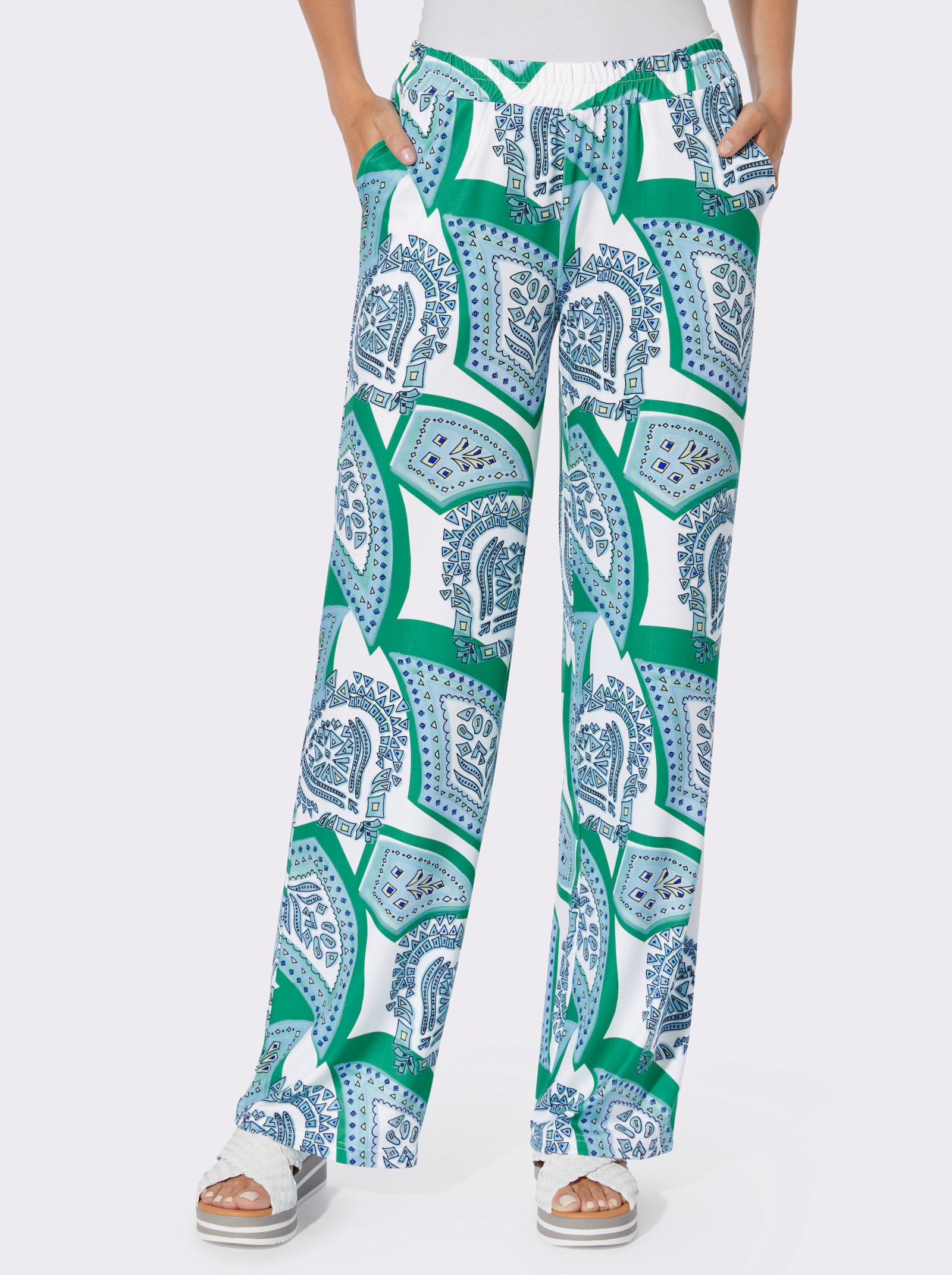 heine Comfortbroek met 2 zakken - blauwgroen/ecru bedrukt