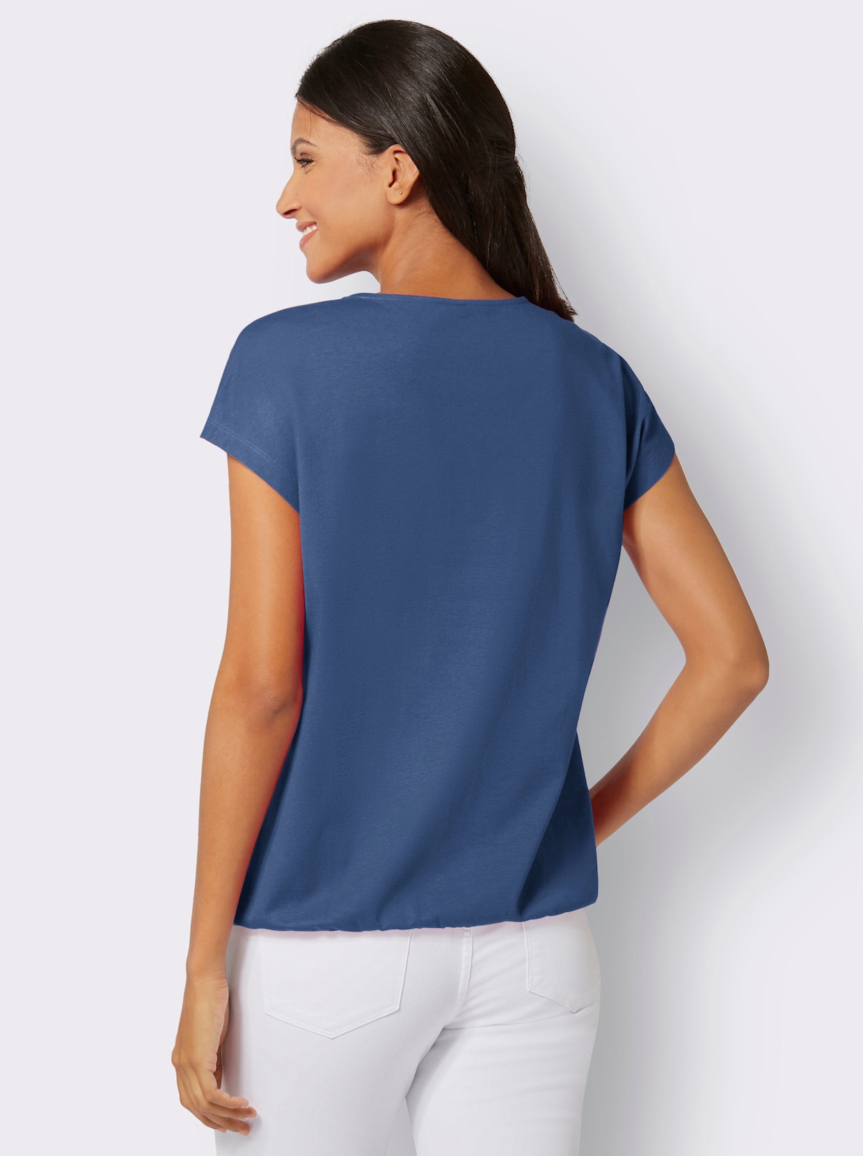 Shirt met ronde hals - jeansblauw/ecru bedrukt
