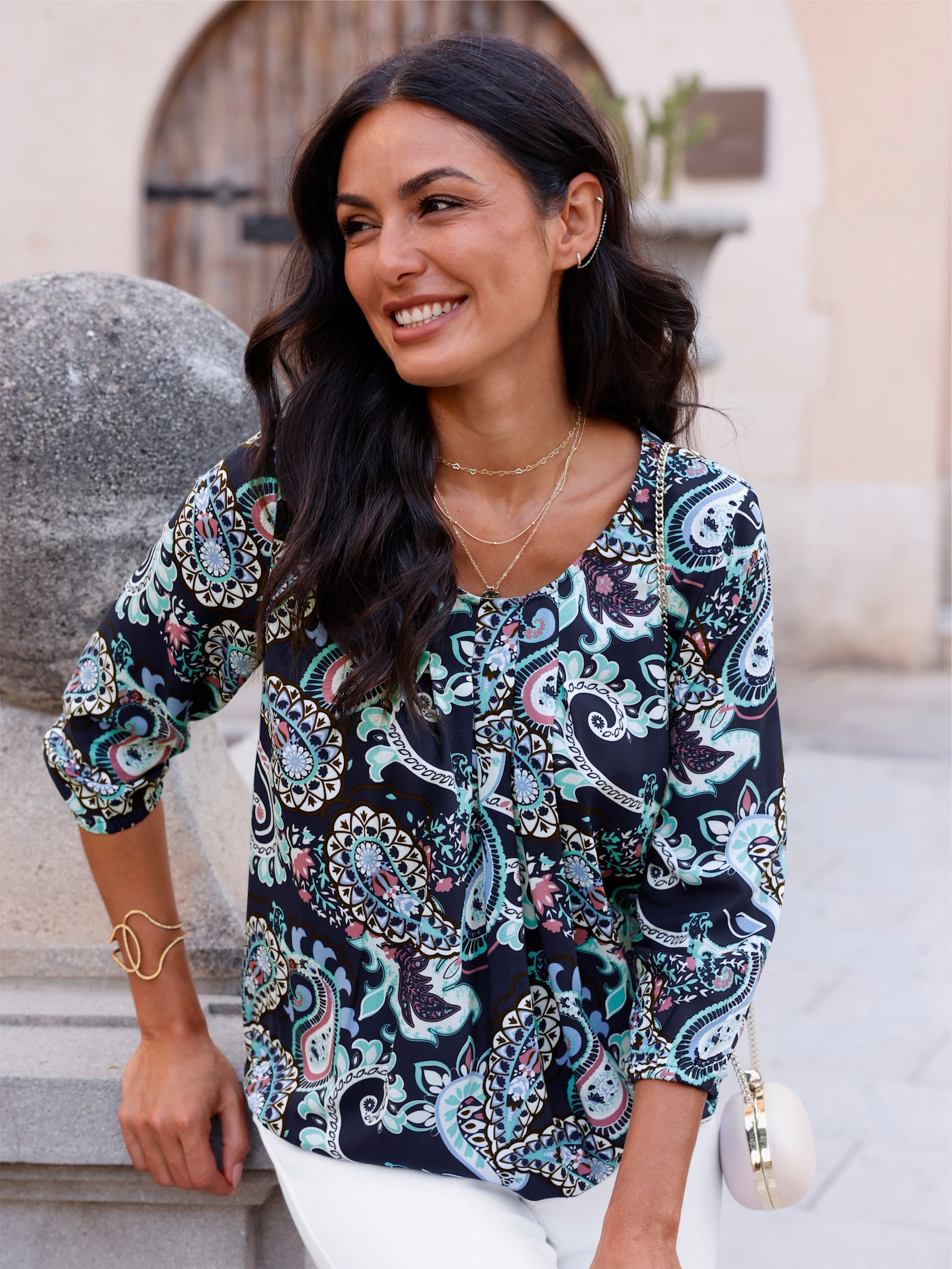 Druckbluse mit Gummibündchen - marine-bedruckt