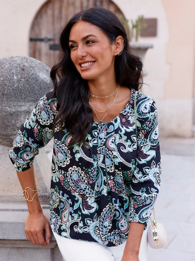 Druckbluse mit Gummibündchen - marine-bedruckt