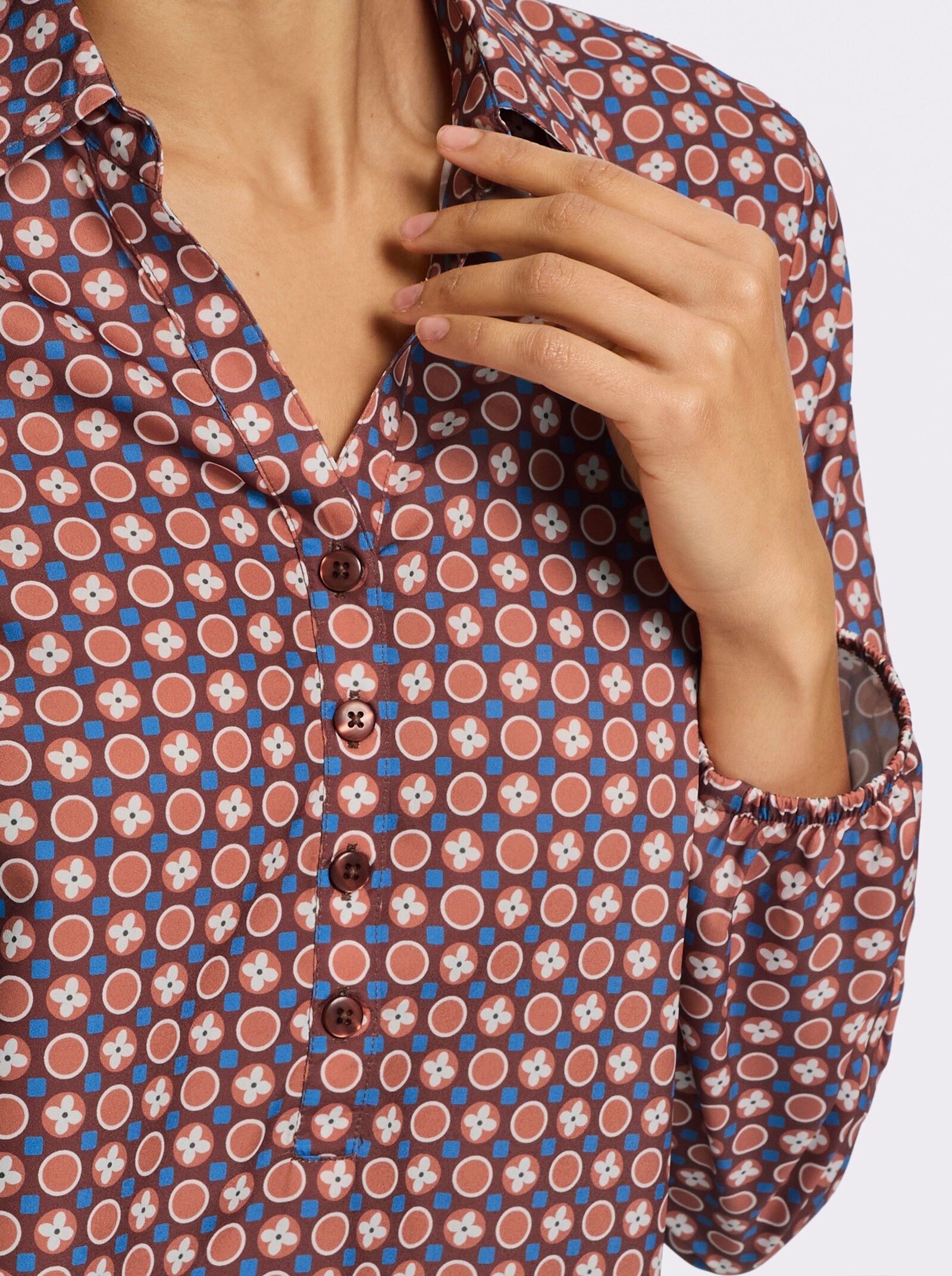 Schlupfbluse mit Gummibündchen - rotbraun-papaya-bedruckt