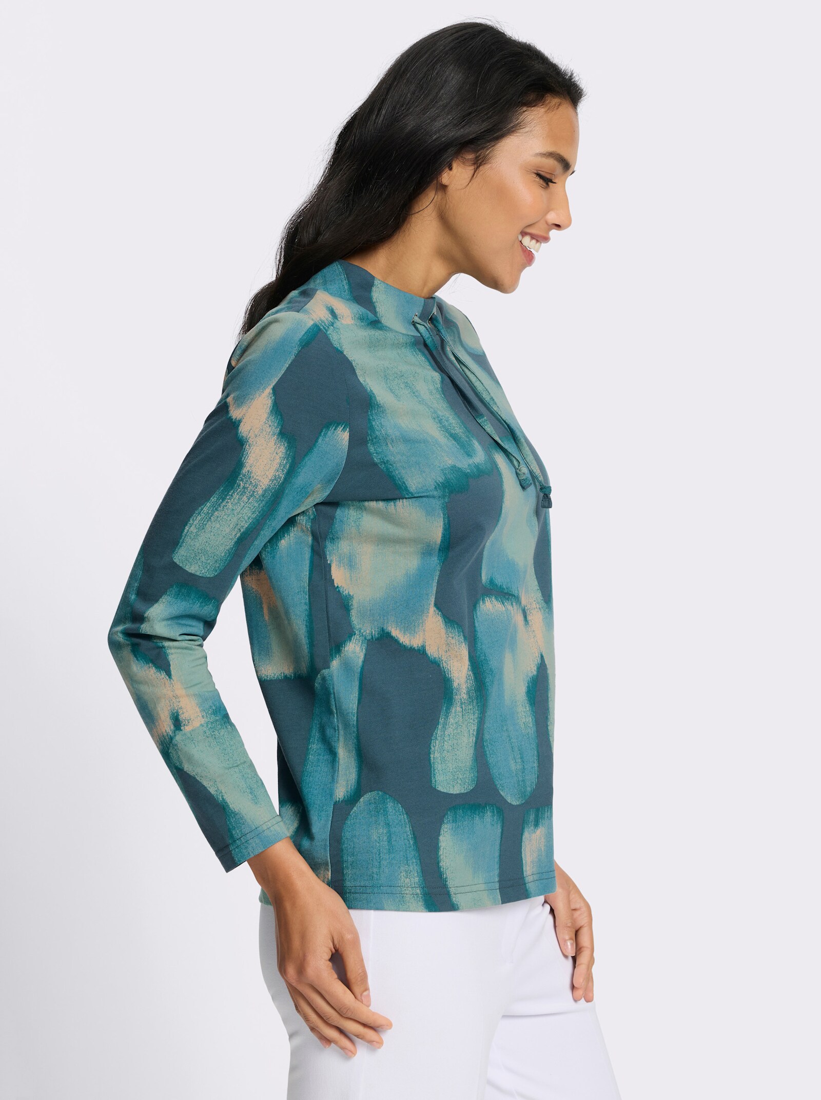 Stehkragenshirt mit Bindeband - ozean-petrol-bedruckt