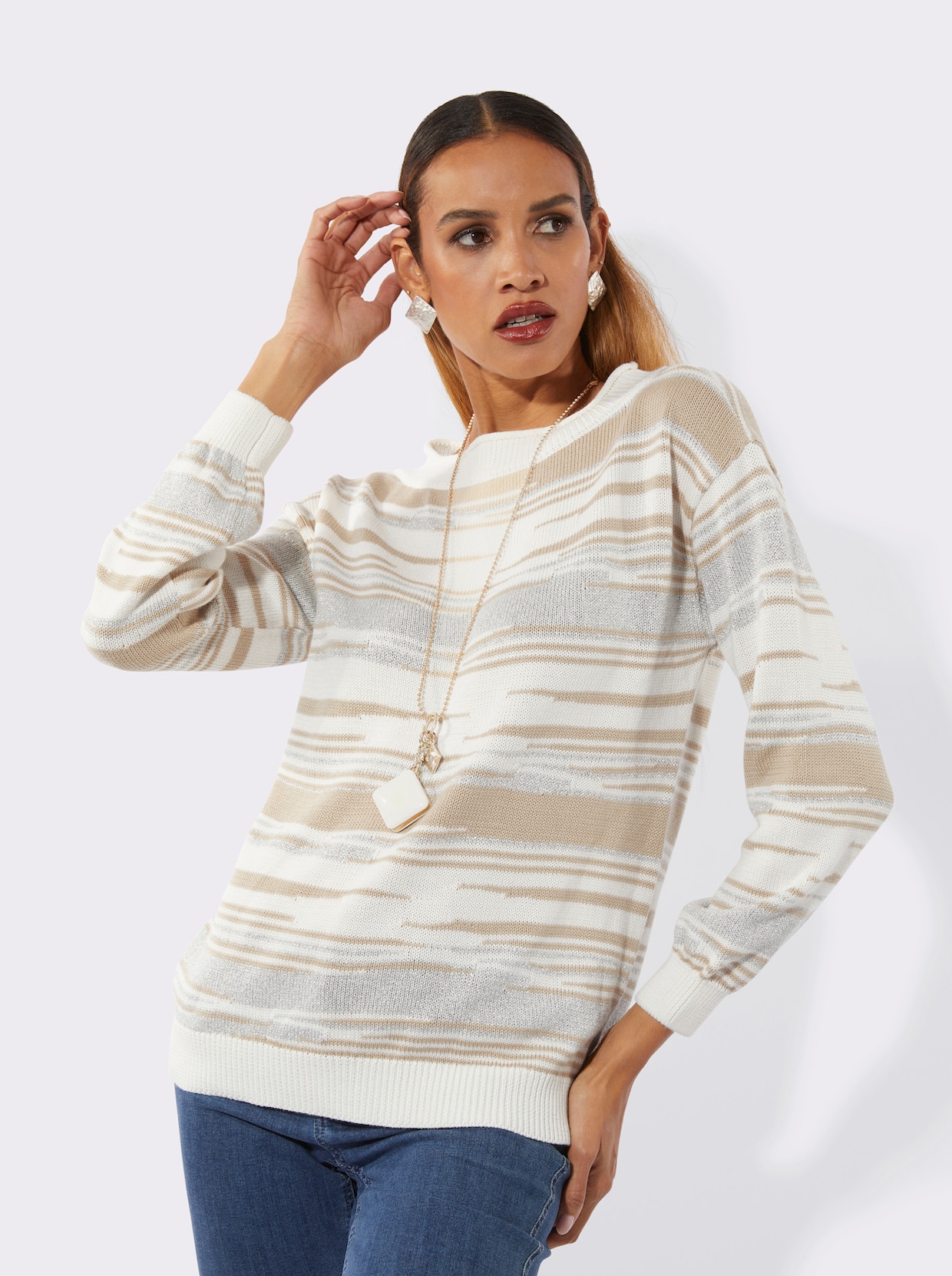 Jacquardpullover mit Glanzgarn - sand-ecru-gemustert