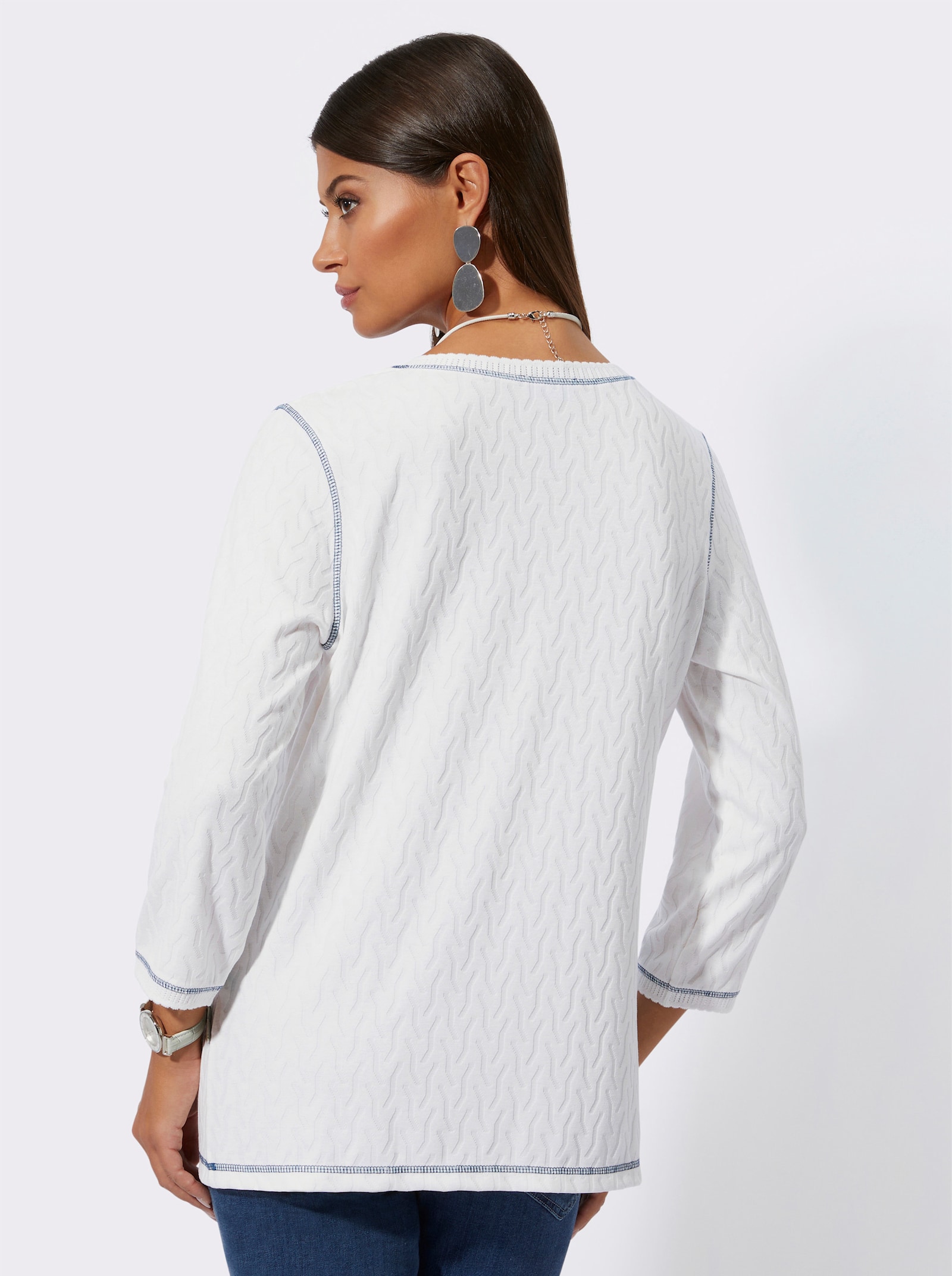 V-Shirt in Jersey-Jacquard-Qualität - weiß