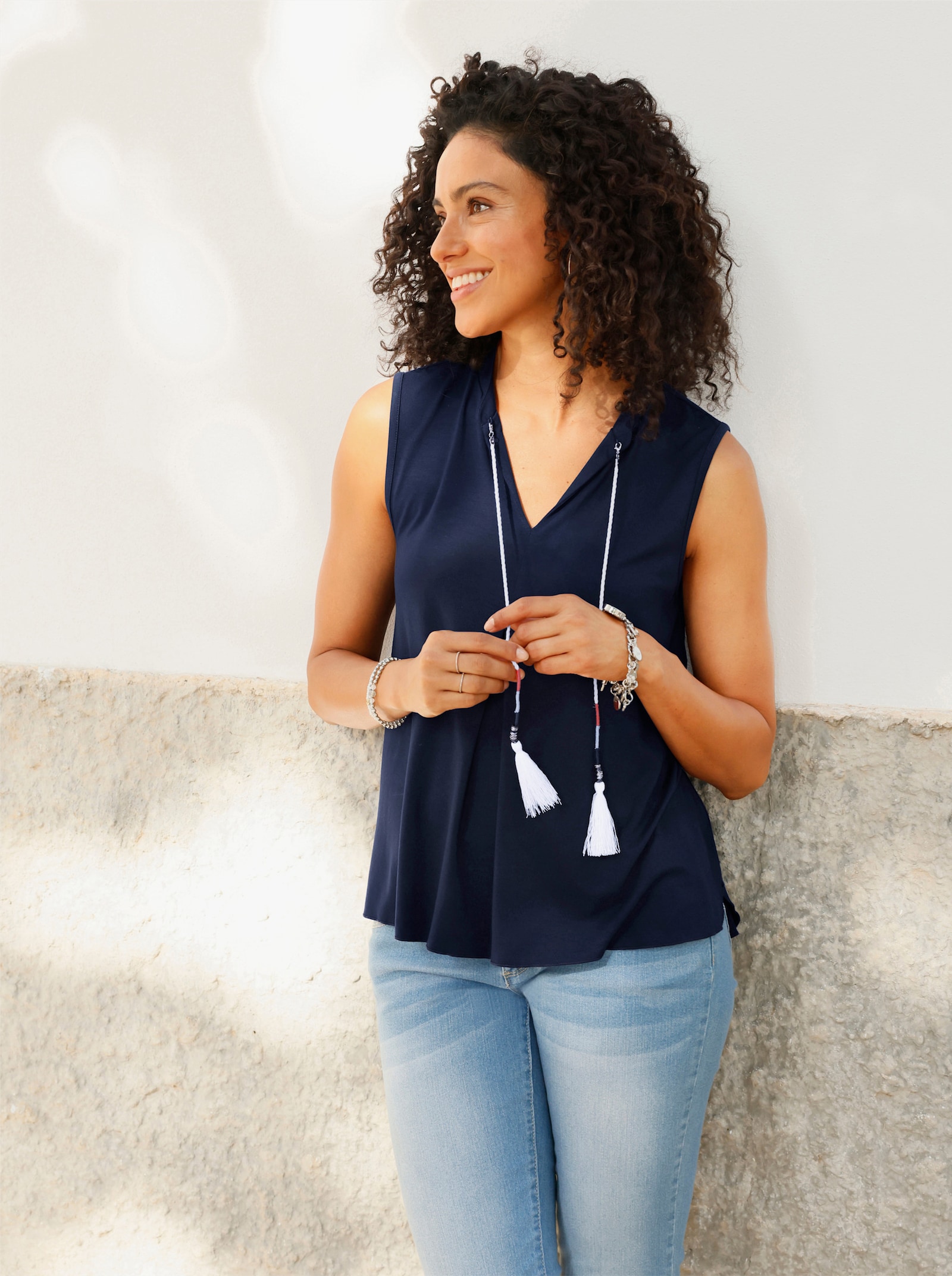 Shirttop mit Kordeln und Quasten - marine