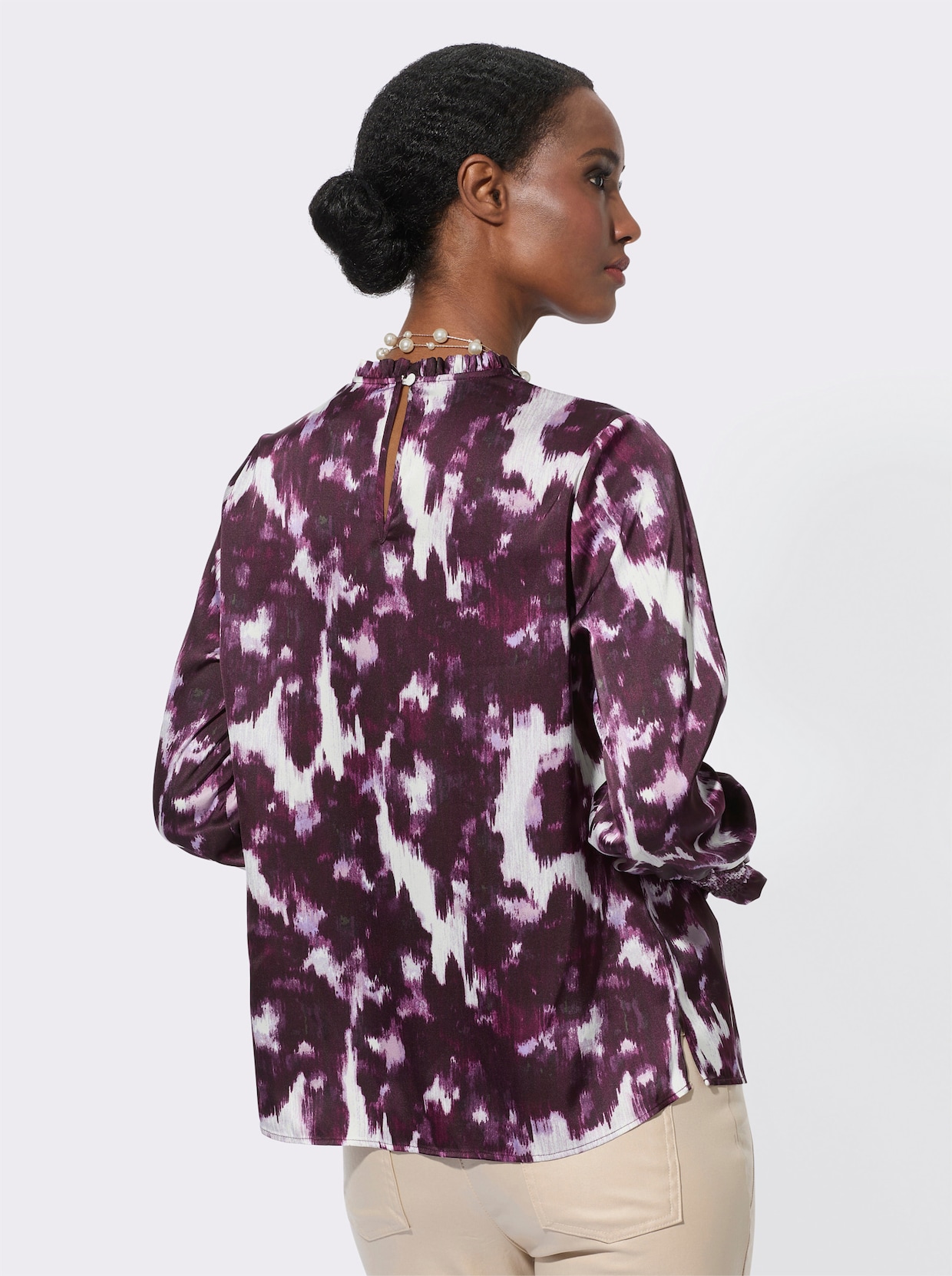 Satinbluse - ecru-aubergine-bedruckt