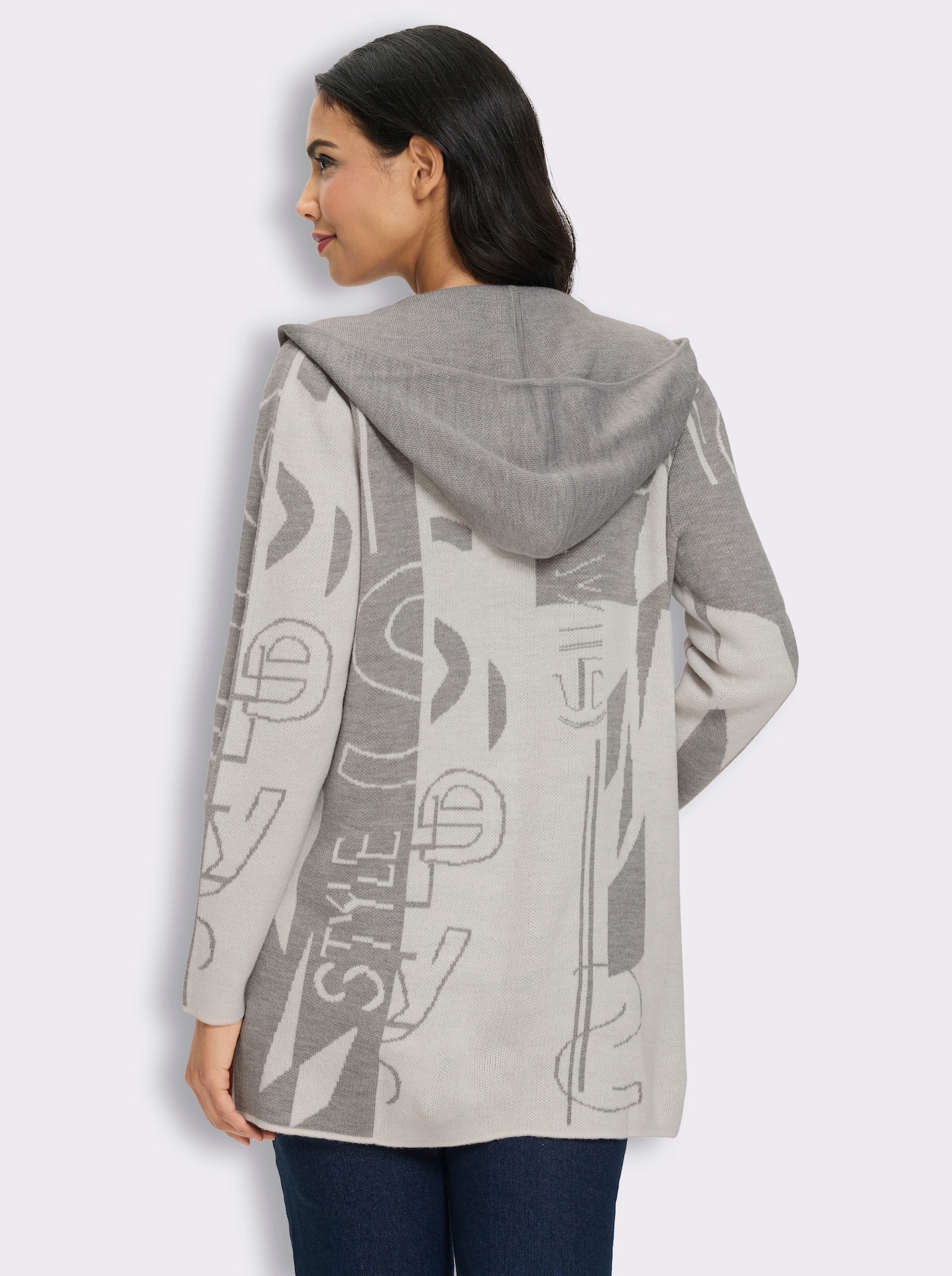 Longstrickjacke im Jacquard-Dessin - ecru-hellgrau-gemustert