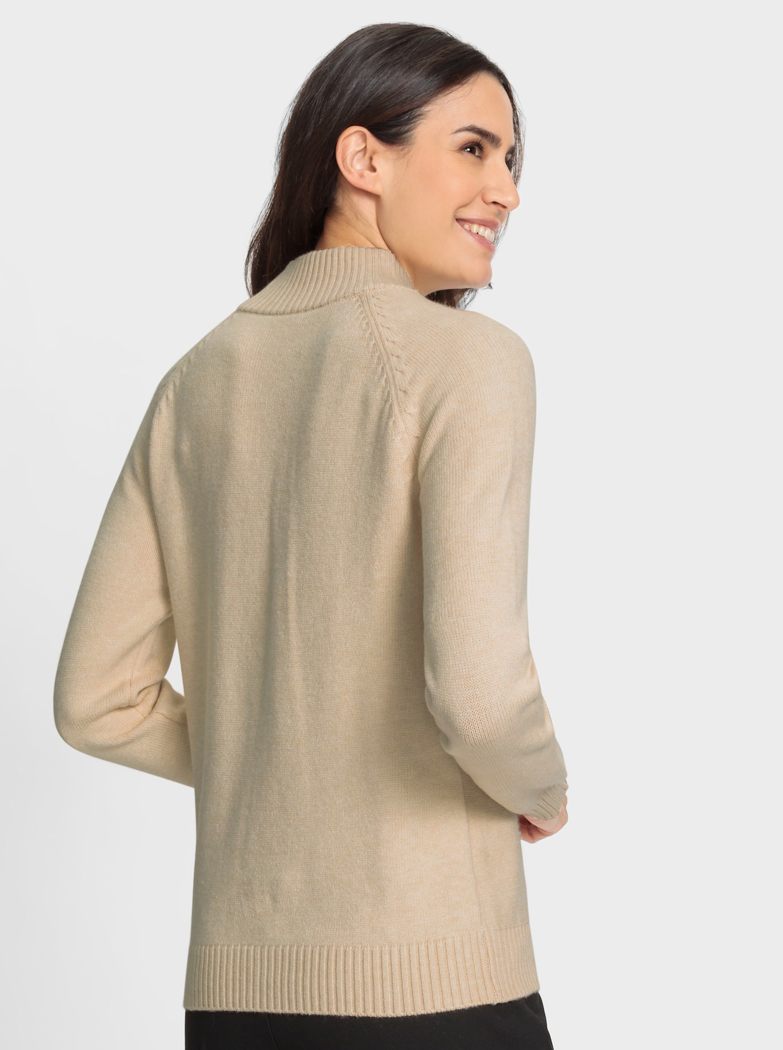 Langarm-Pullover mit Zopfmuster - elfenbein-meliert