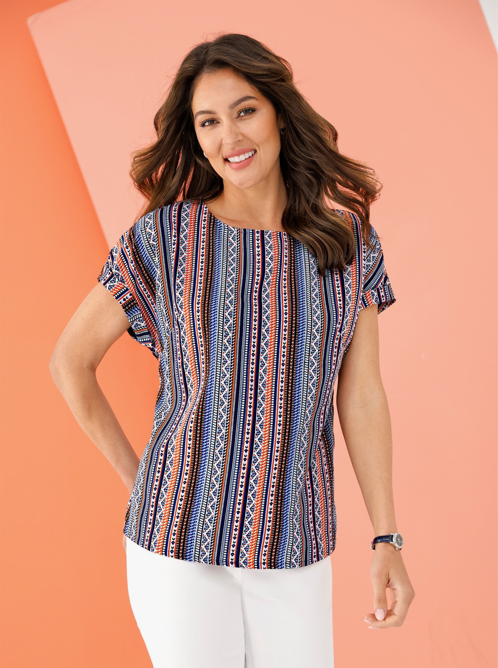 Comfortblouse in etnodessin - aqua/oranje gestreept