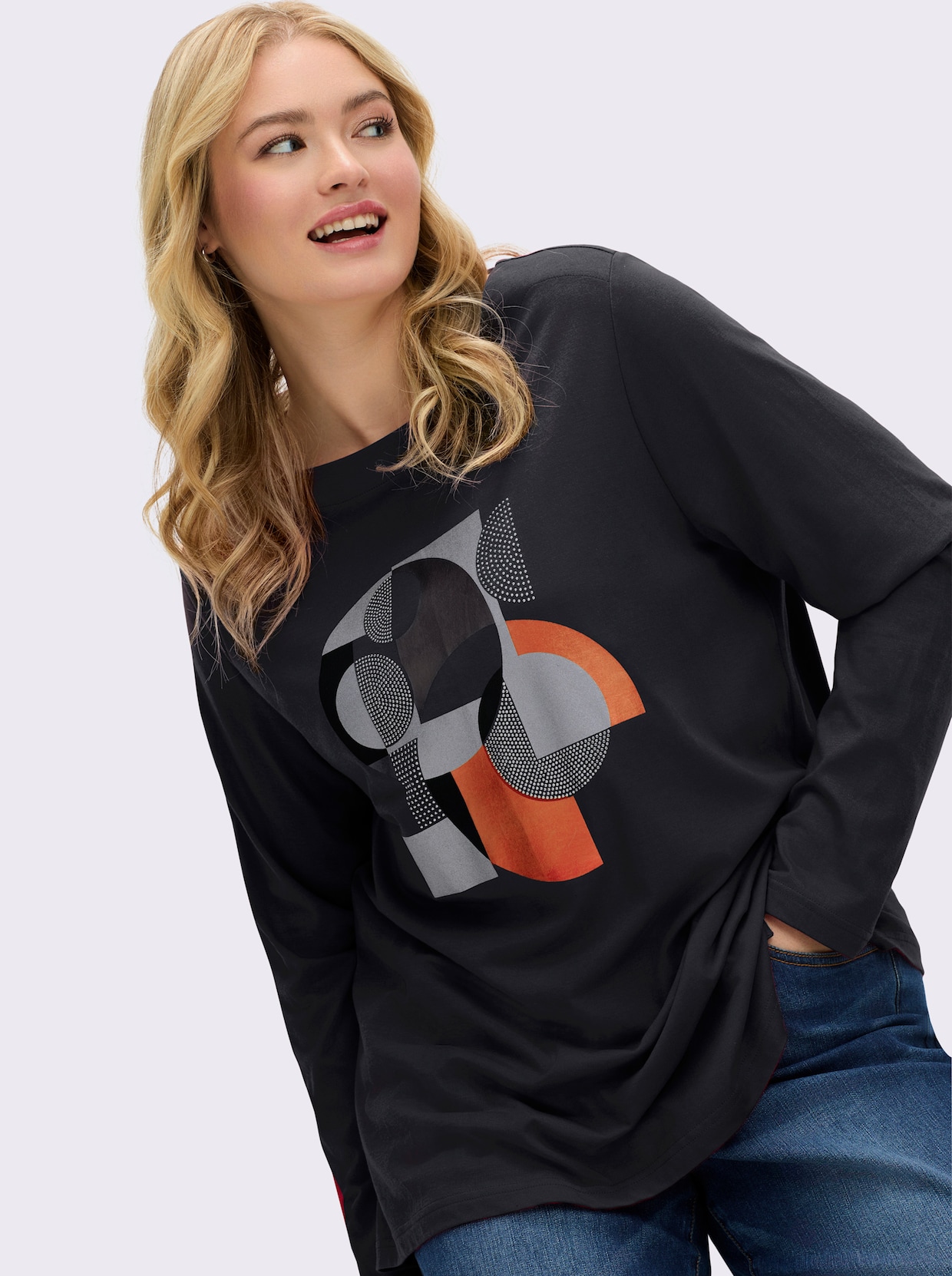 sheego Langarmshirt - schwarz-silberfarben-bedruckt