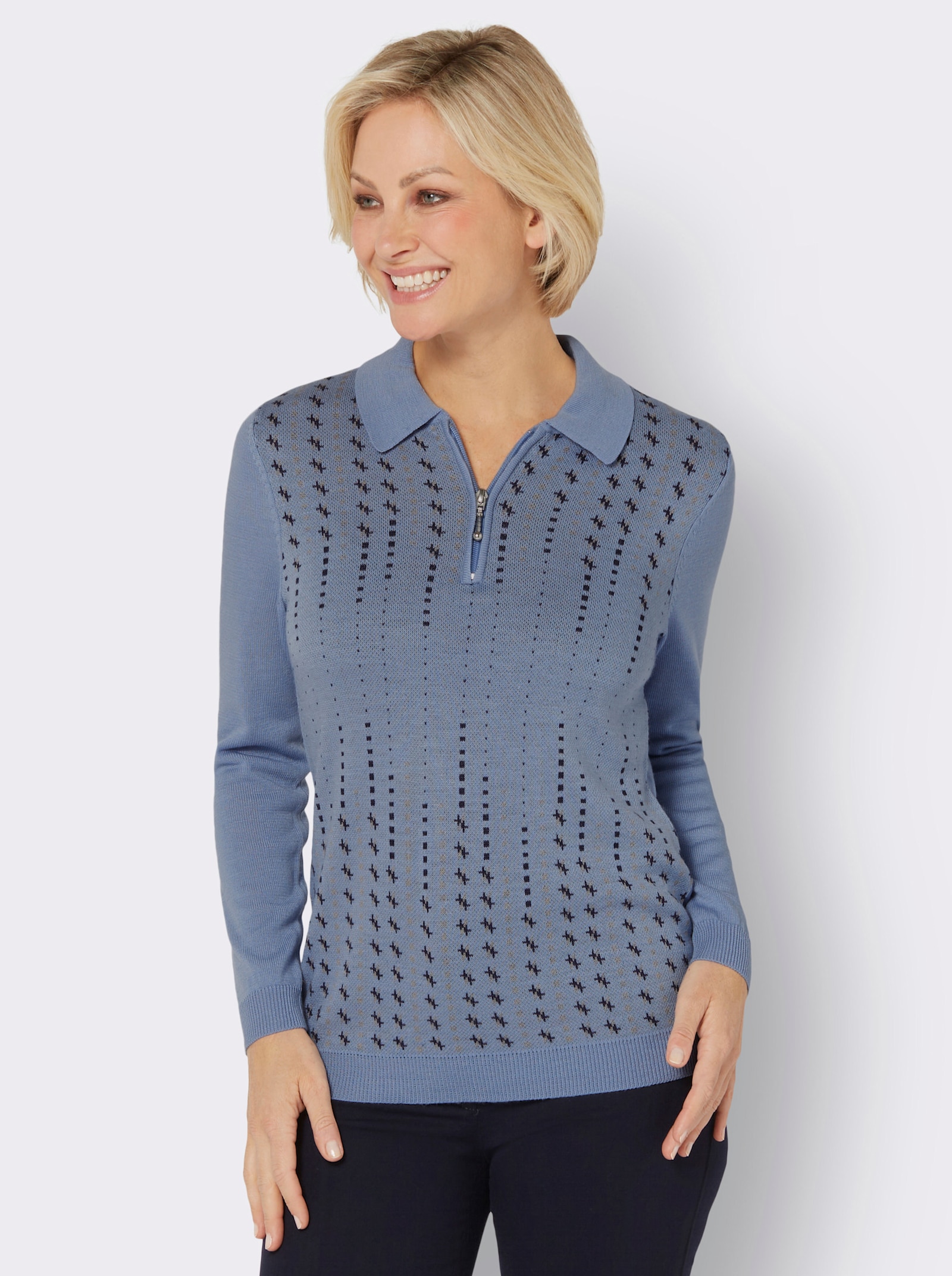 Polopullover , Ärmel und Rückenteil einfarbig - bleu-marine-gemustert