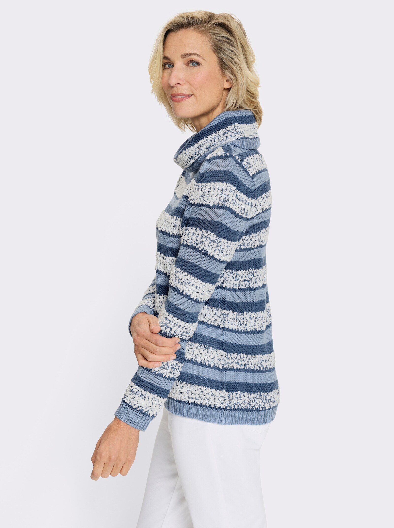 Pullover met rolkraag en effectgaren - jeansblauw-ecru gedessineerd