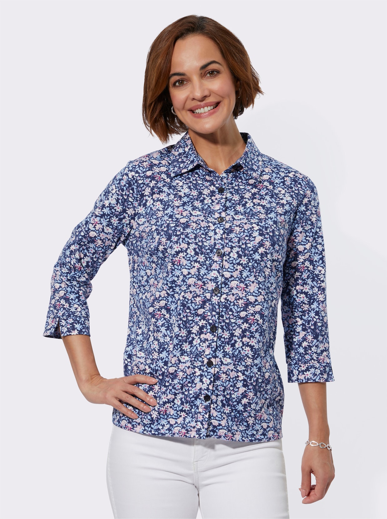 Jerseyblouse - marine/rosé bedrukt