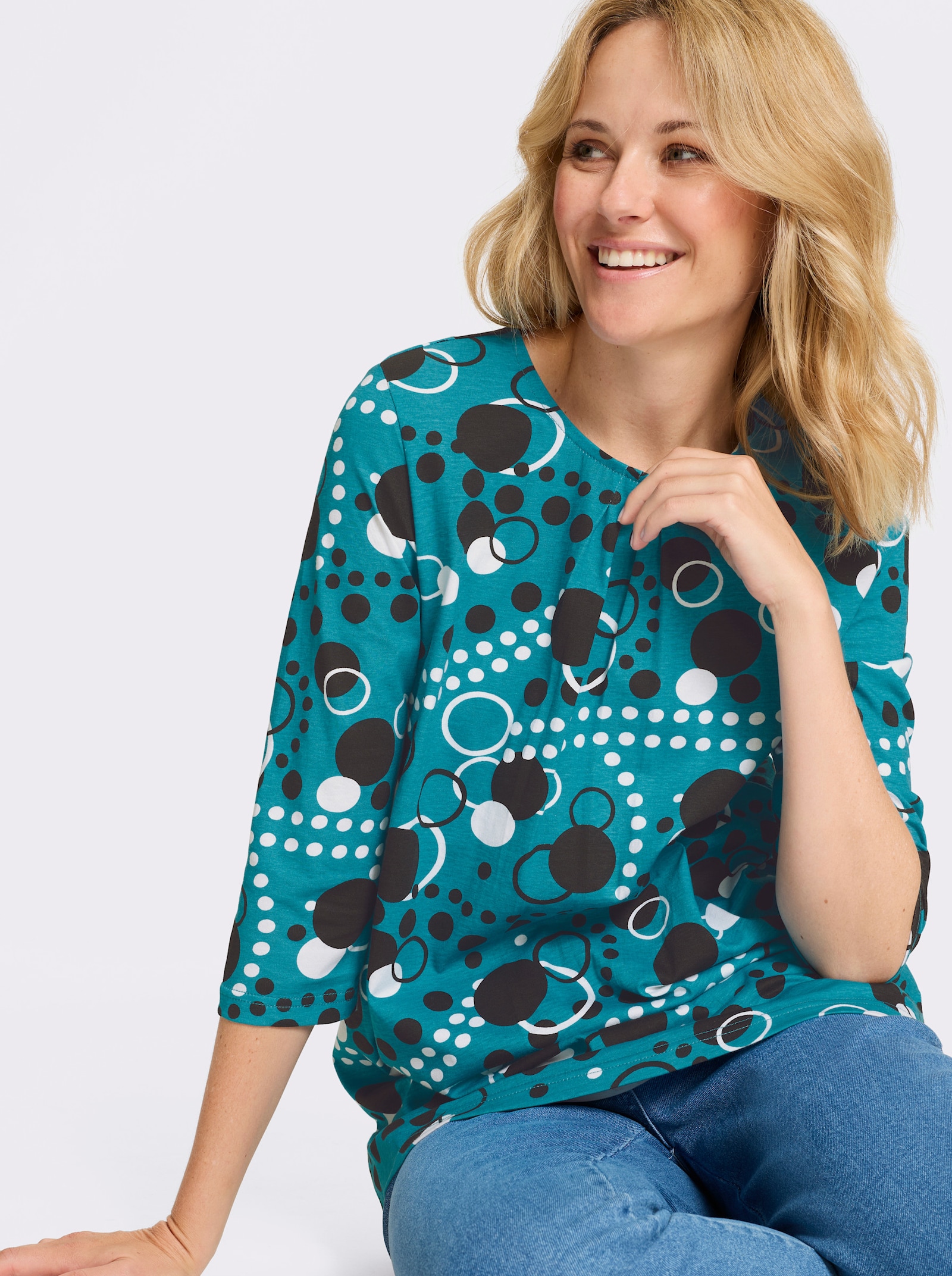 Longshirt in leicht ausgestellter Form - türkis-schwarz-bedruckt