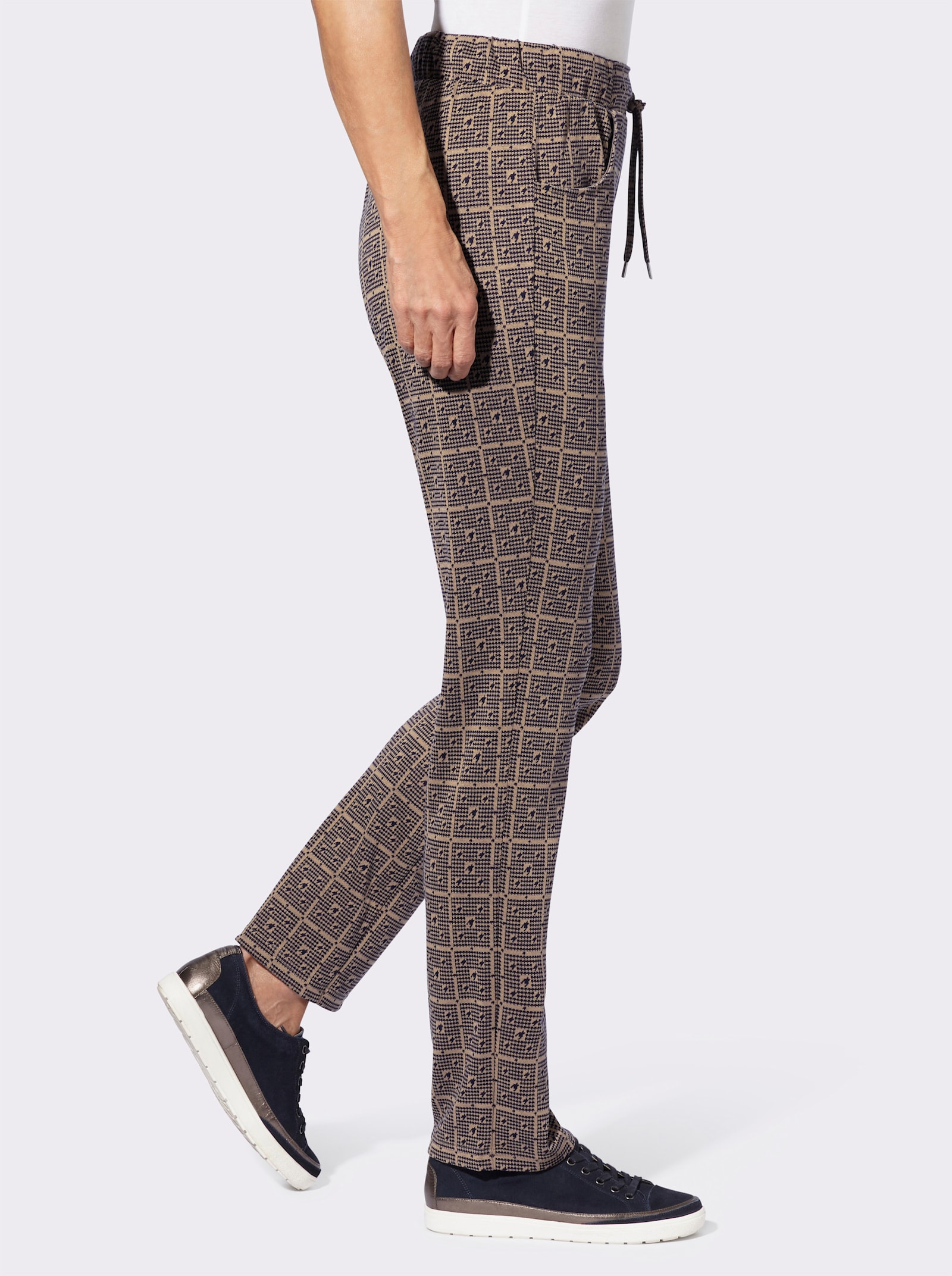 Jerseyhose im Hahnentritt, Jacquard - marine-camel-gemustert