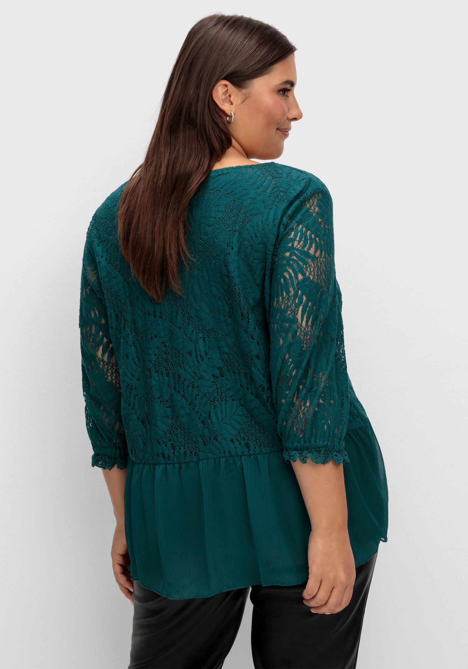 Chiffonbluse mit Baumwoll-Spitze - petrol