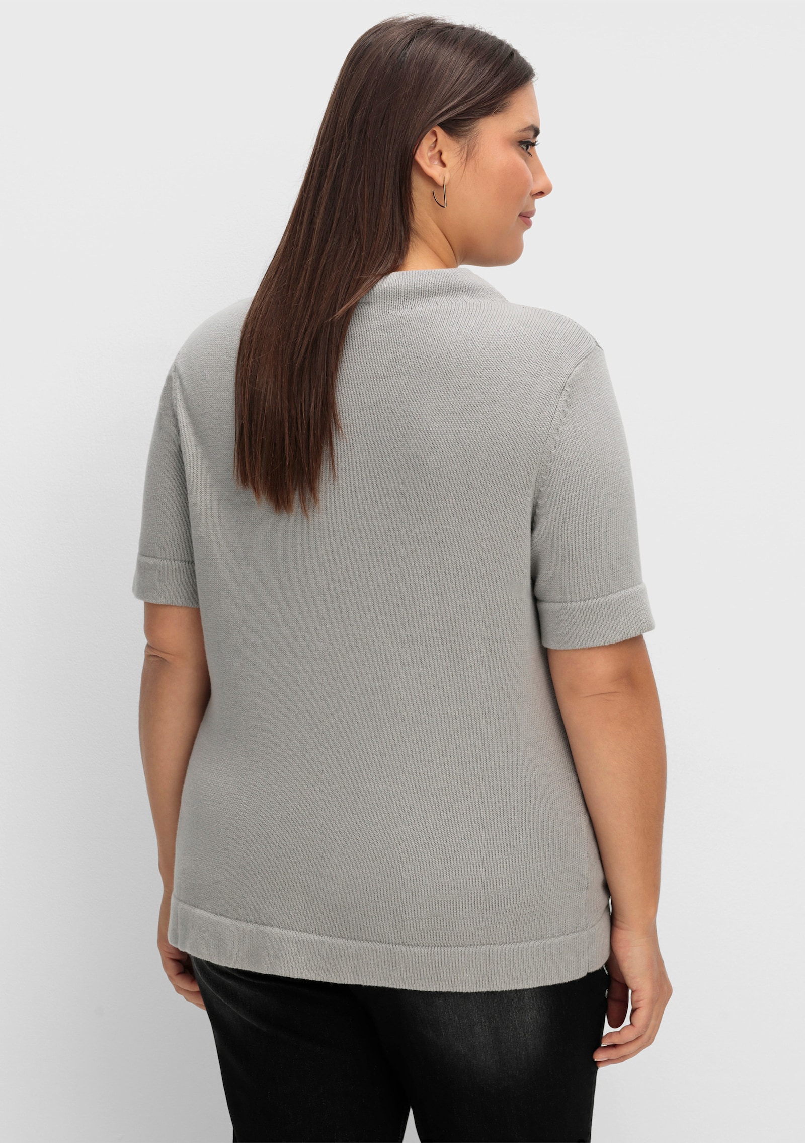 Stehkragenpullover mit Halbarm - steingrau