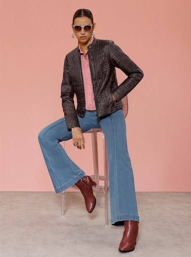 Mainpol Lederimitat-Blazer mit Reißverschluss-Taschen - schoko-bedruckt