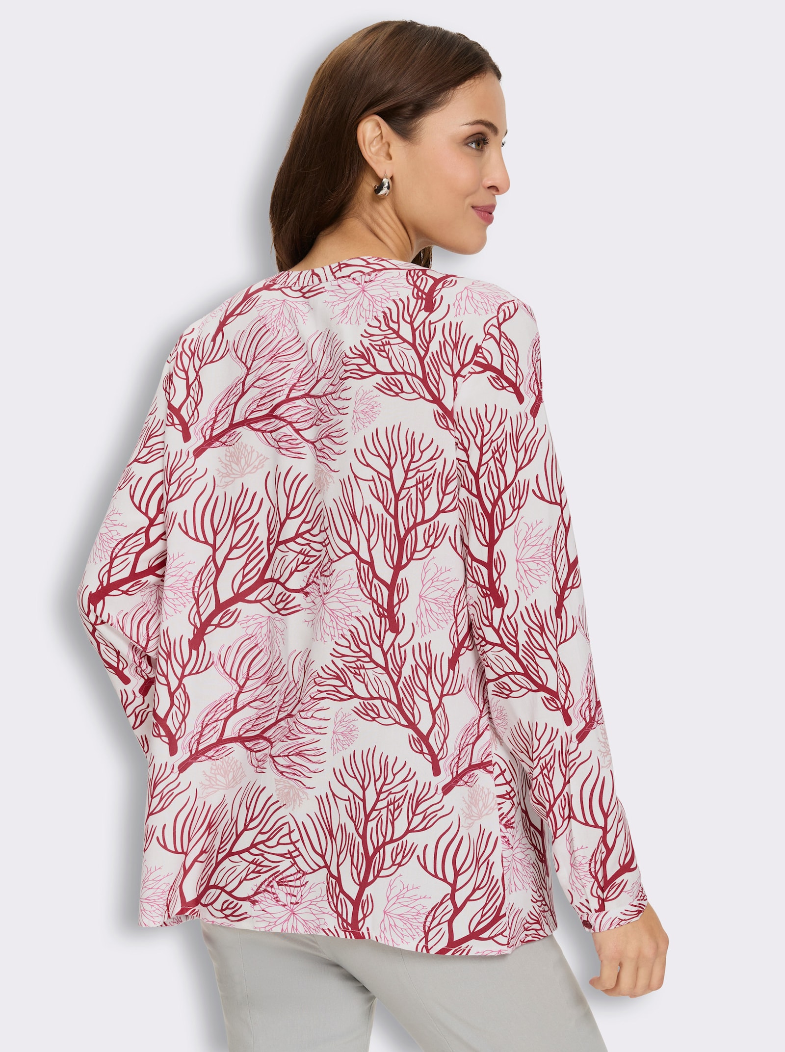Druckbluse mit Korallenmotiven - ecru-rot-bedruckt