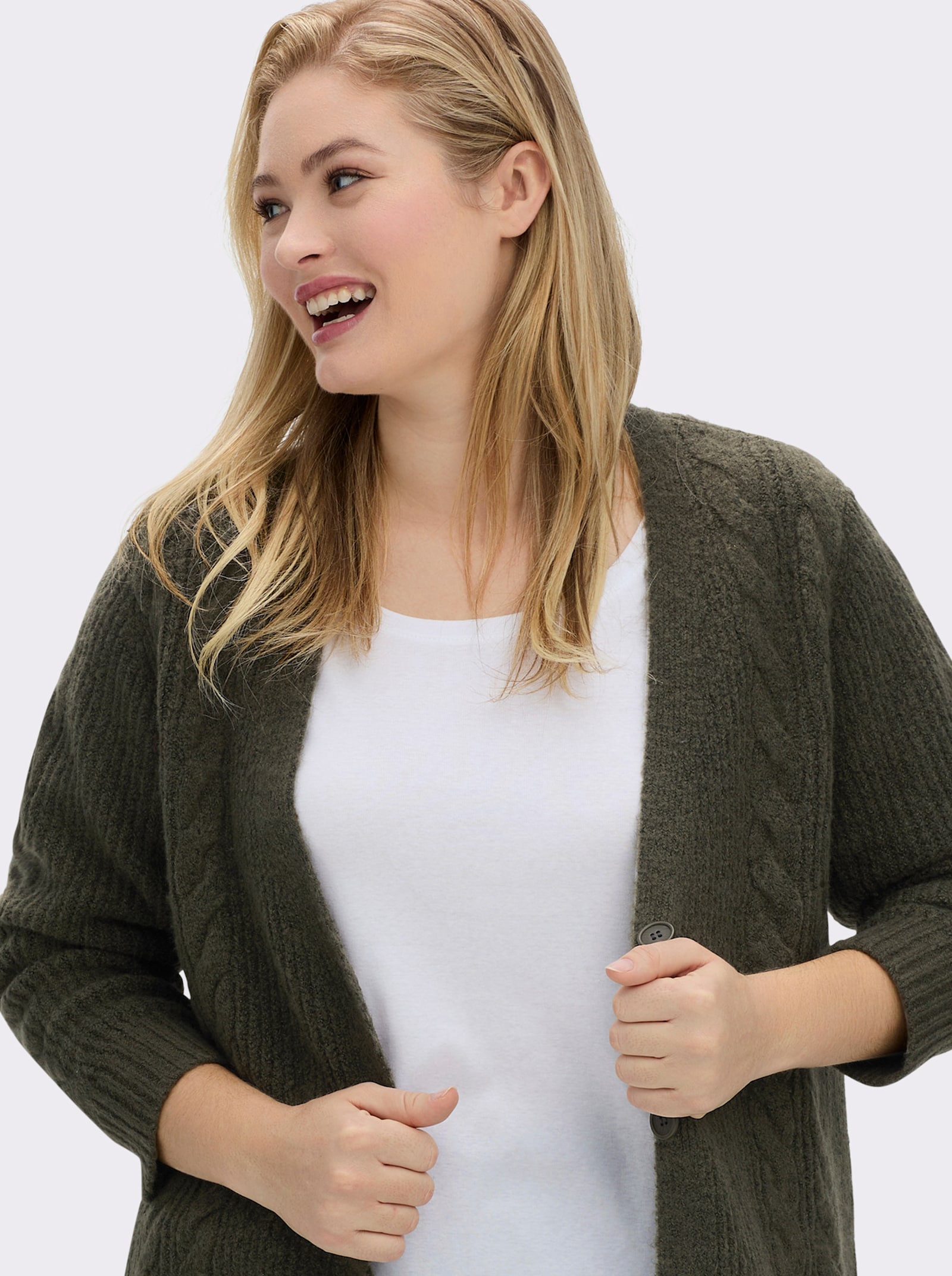sheego Cardigan mit Zopfmuster - khaki-ecru-meliert