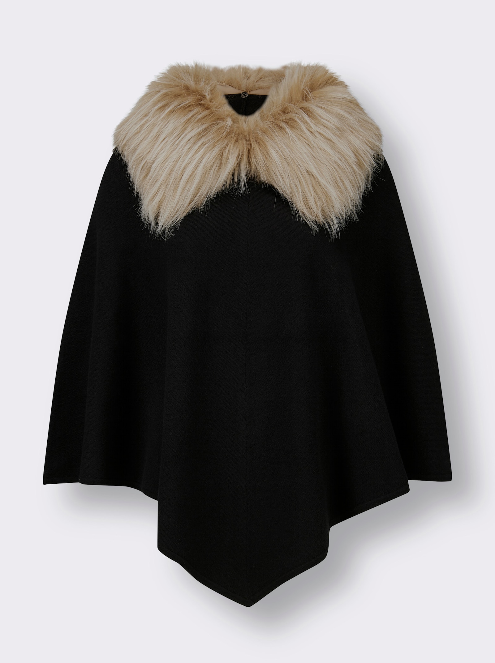 Strickponcho mit abknöpfbarem Pelz-Imitat - schwarz