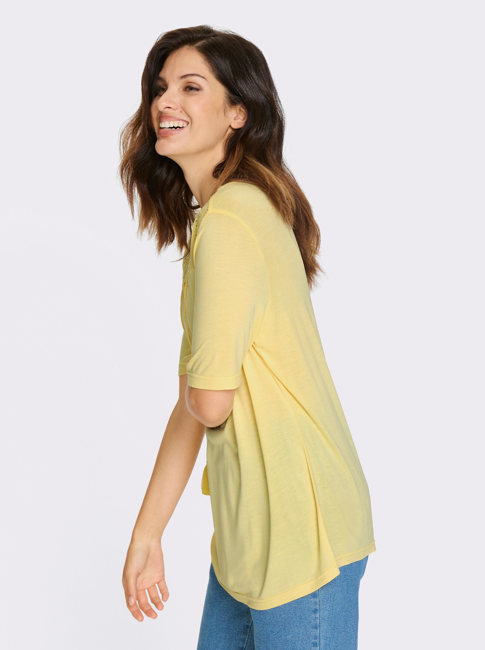 Shirt met korte mouwen en inzet met ajourwerk - citroen