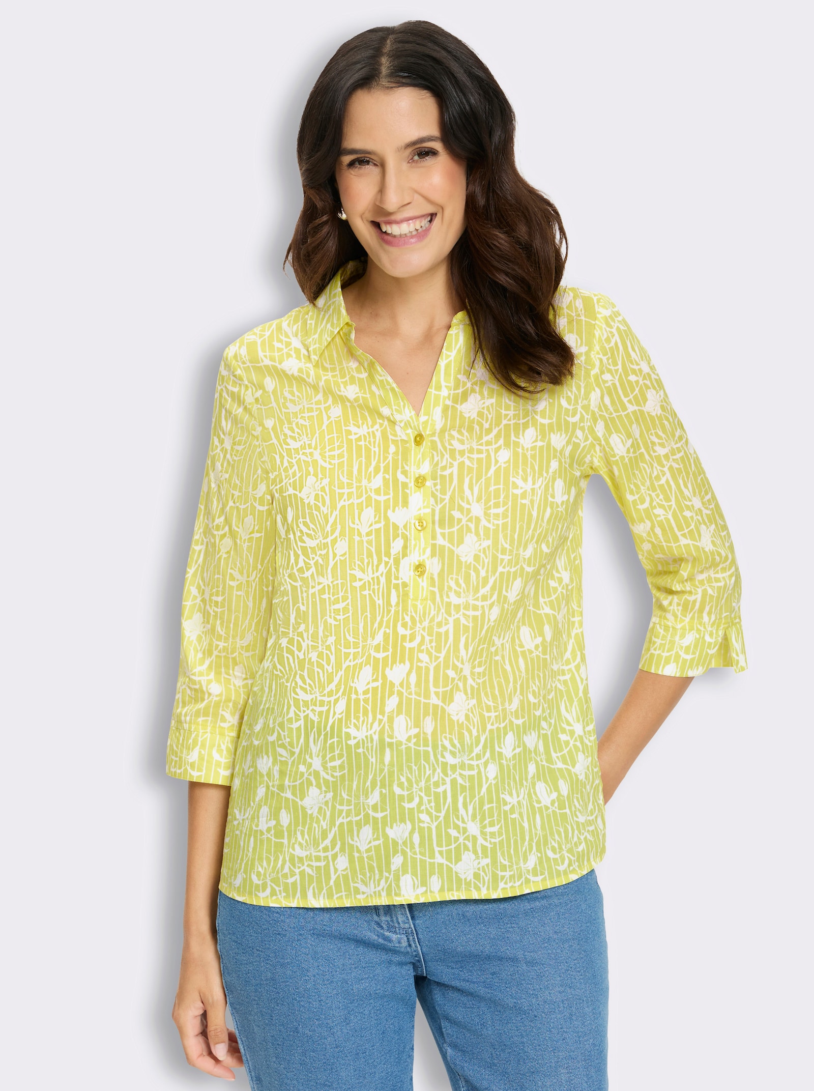 Druckbluse in Schlupfform - limone-ecru-gemustert
