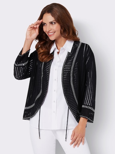 Ajourstrickjacke mit Bindeband - schwarz