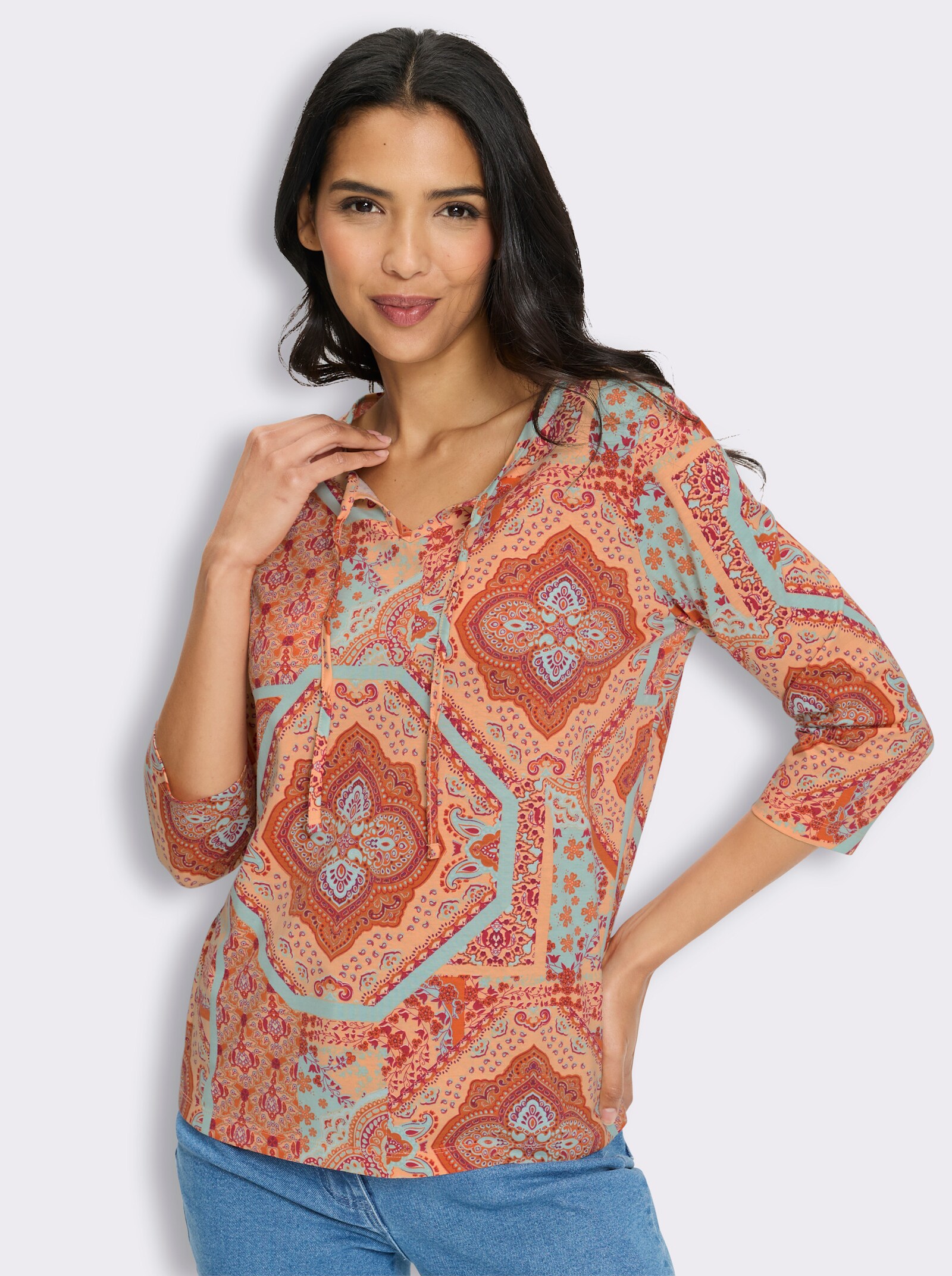 3/4-Arm-Shirt mit Ornamenten - apricot-orange-bedruckt