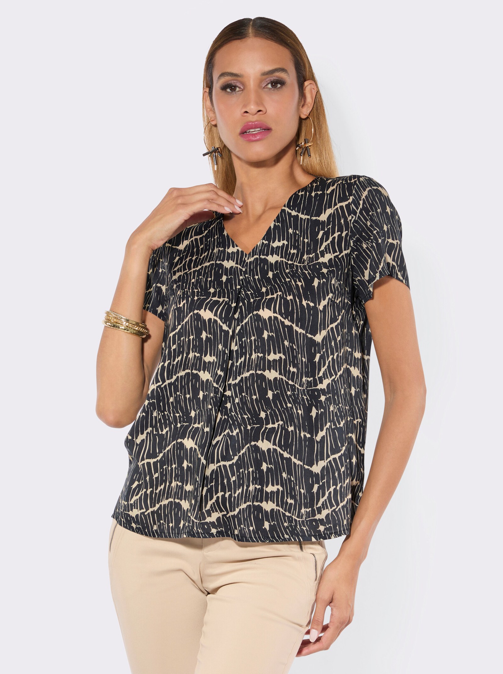 Modal-Druckbluse im farbbrillanten Muster - schwarz-sand-bedruckt