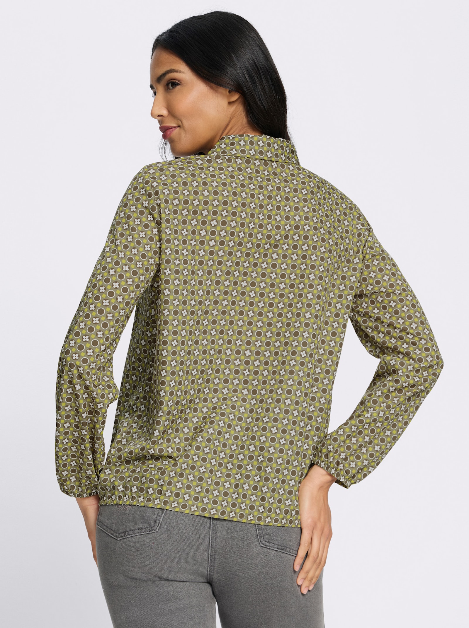 Schlupfbluse mit Gummibündchen - oliv-schilf-bedruckt