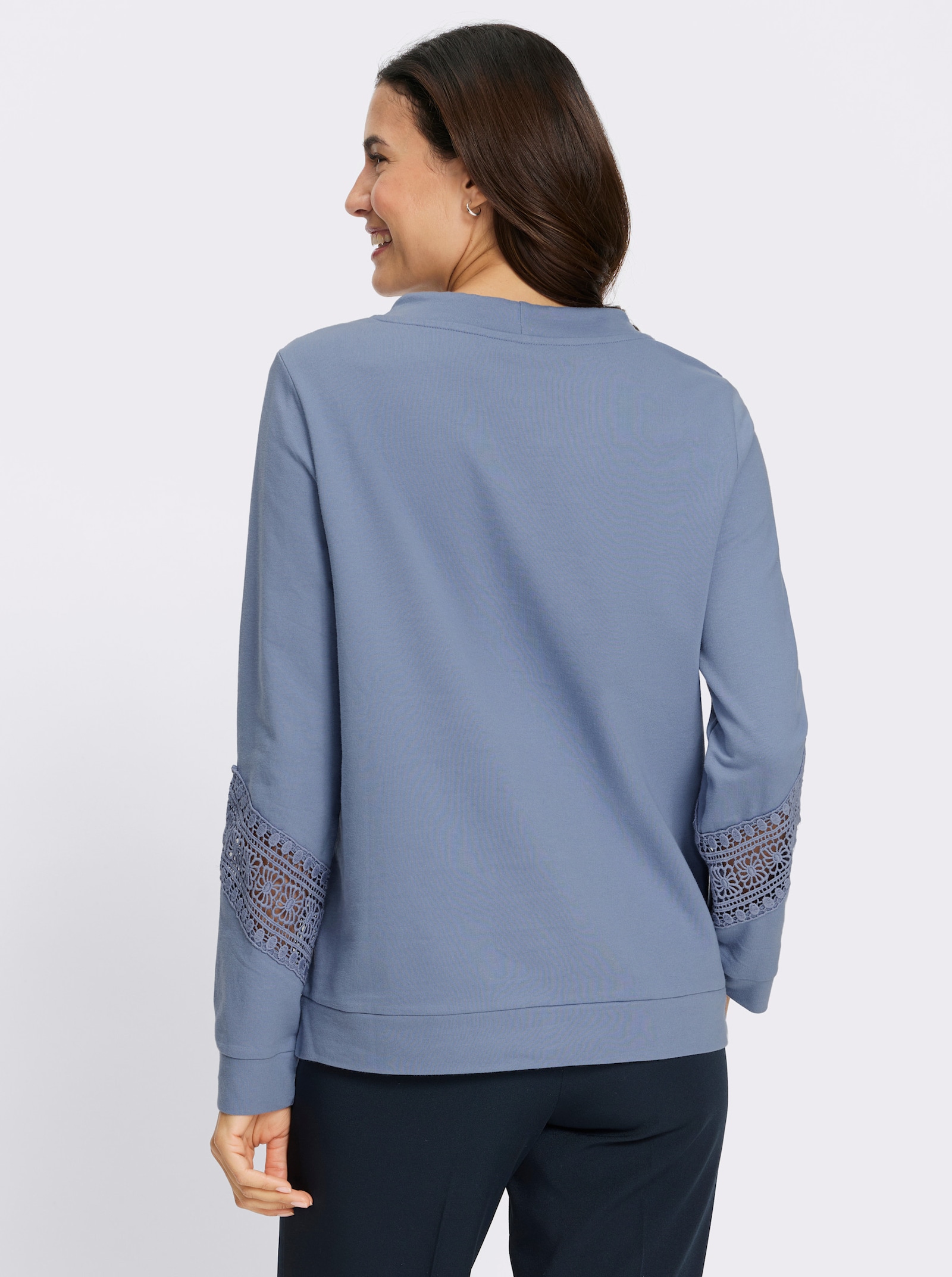 Sweatshirt mit Spitzeneinsatz - taubenblau