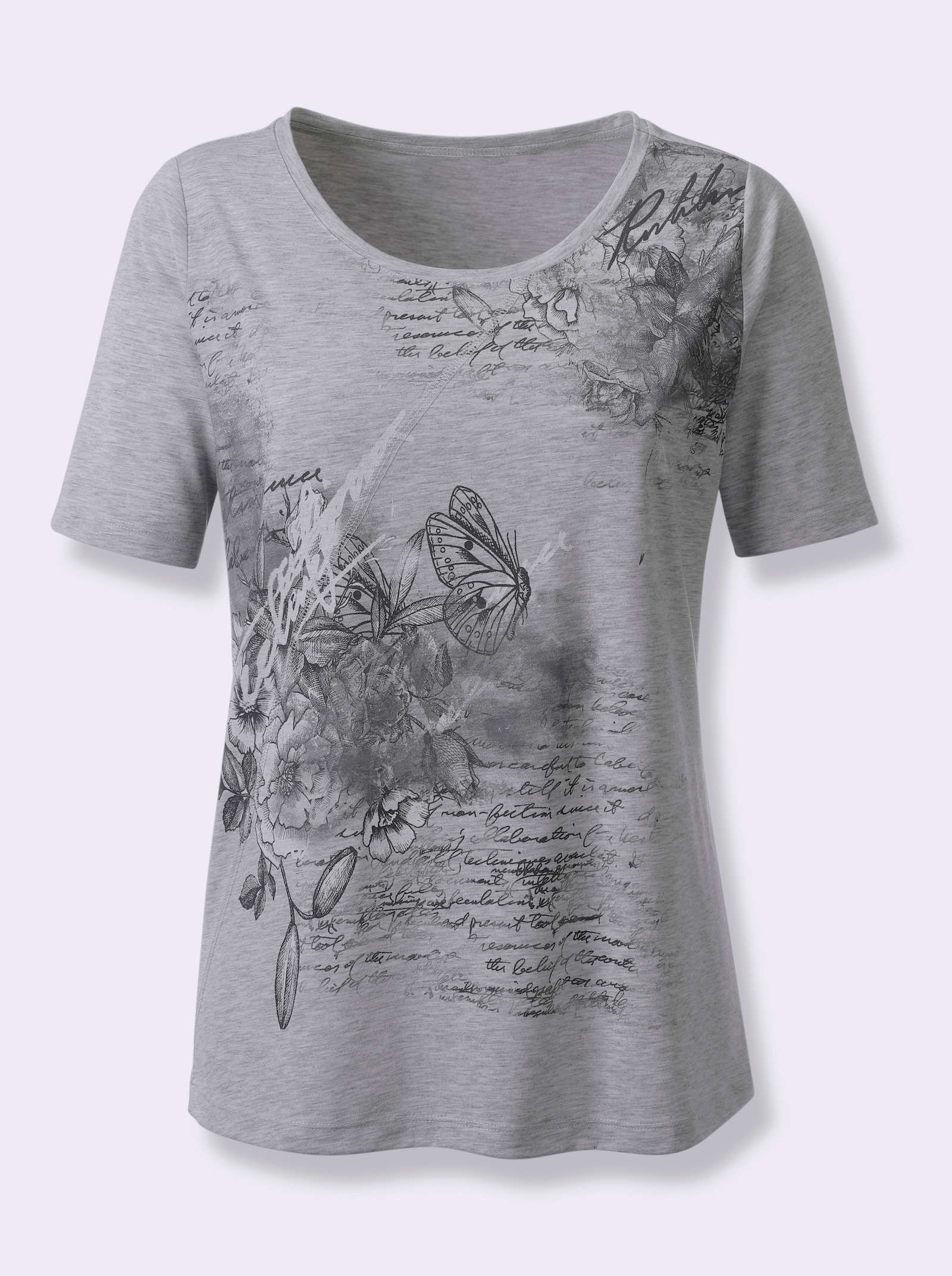 Kurzarmshirt in Melange-Optik - hellgrau-steingrau-bedruckt