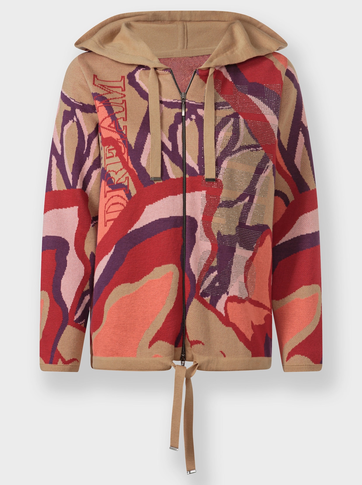 heine Gebreid vest met capuchon - rood/camel gedessineerd