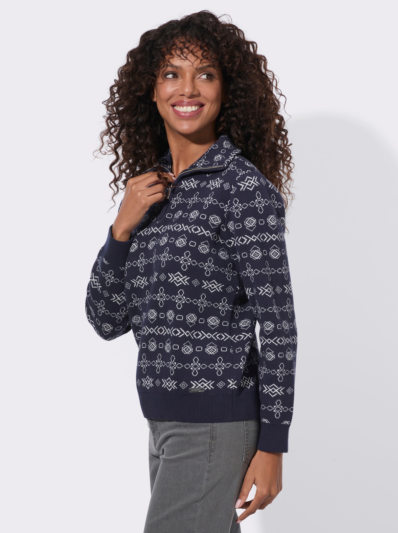 Jacquard-Pullover mit geripptem Saum - marine-ecru-gemustert