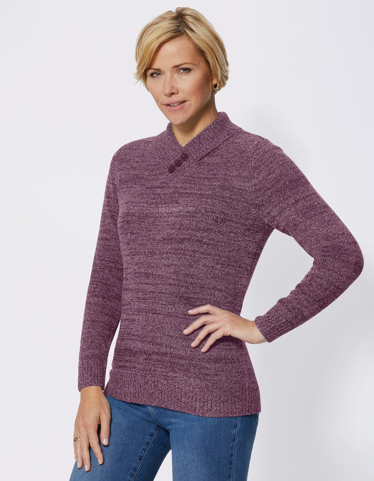 Pullover met V-hals - fuchsia gemêleerd