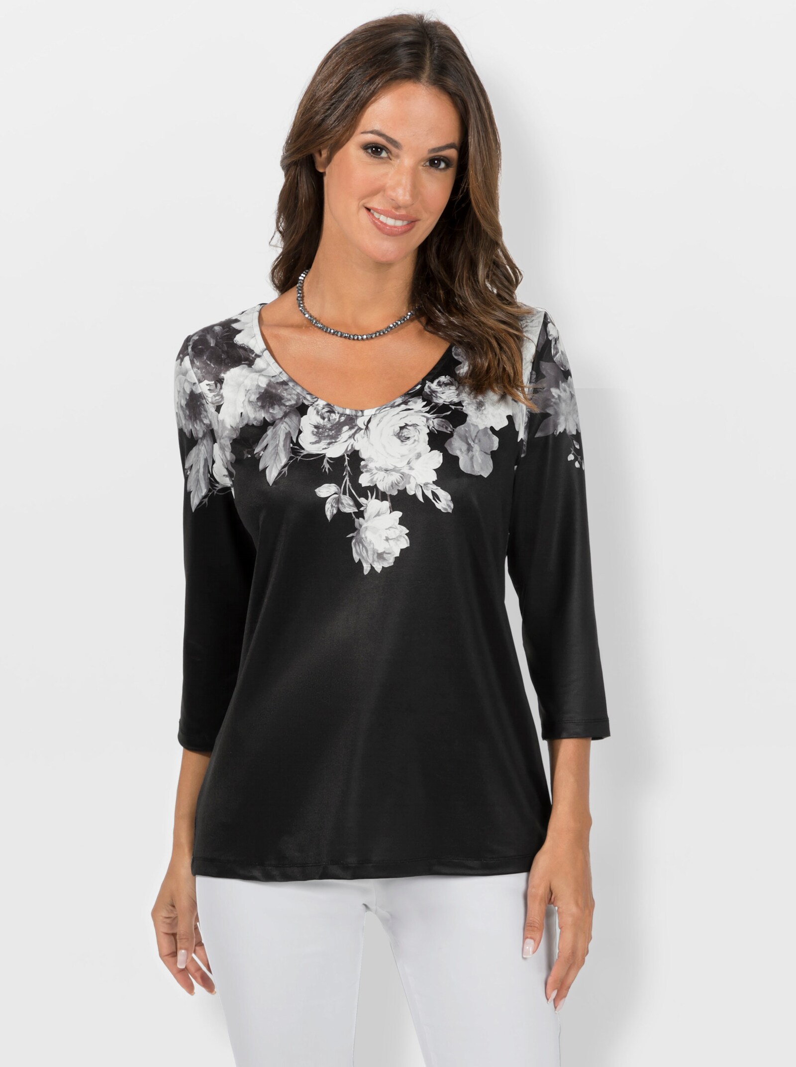 3/4-Arm-Shirt mit weitem V-Ausschnitt - schwarz-ecru-bedruckt