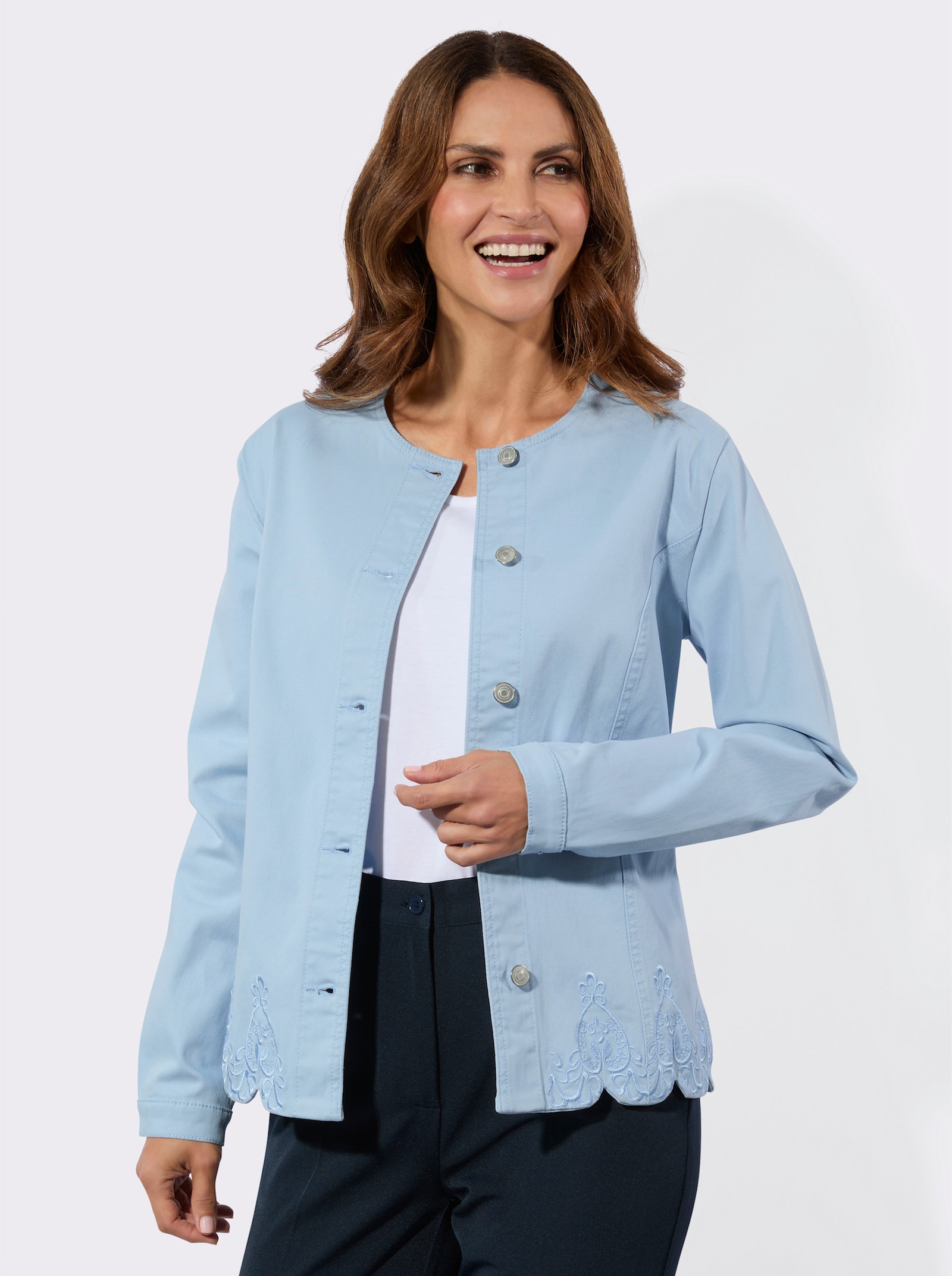 Jeansbluse mit Blütenstickerei - eisblau