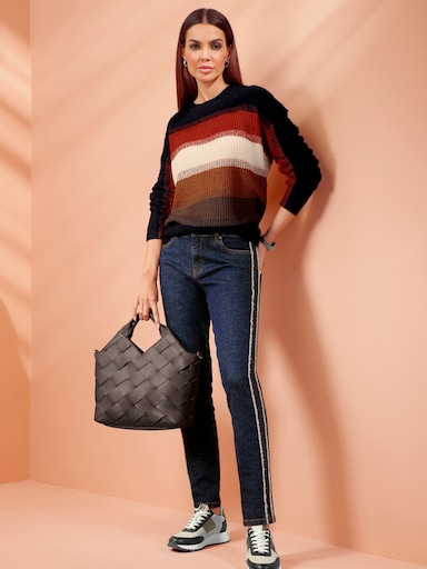 heine Streifenpullover im Grobstrick - schwarz-cognac-gemustert