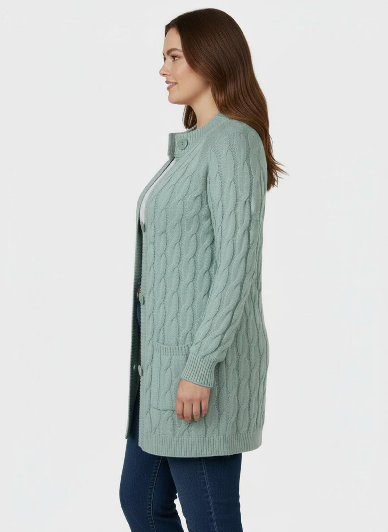 Longstrickjacke mit Zopf-Strickmuster - kalkmint