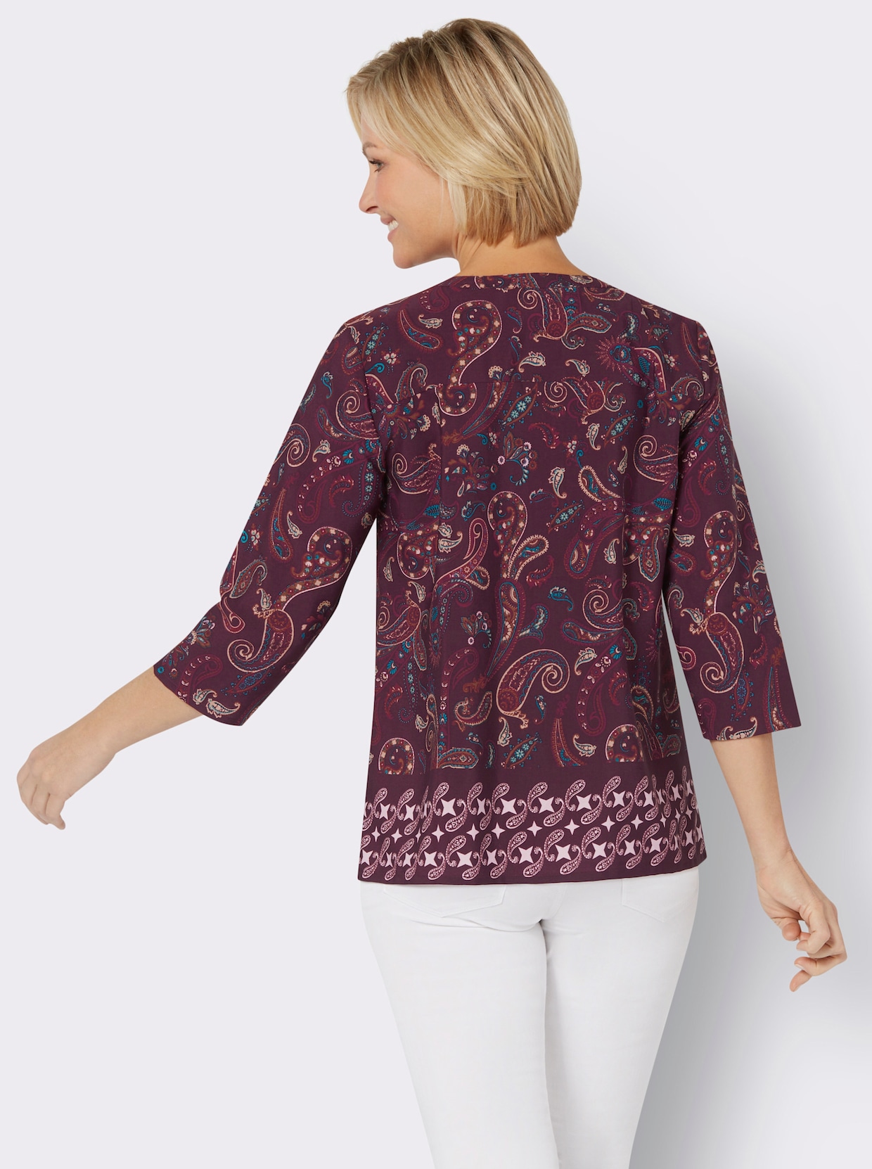 Comfortabele blouse - bordeaux/hortensia bedrukt